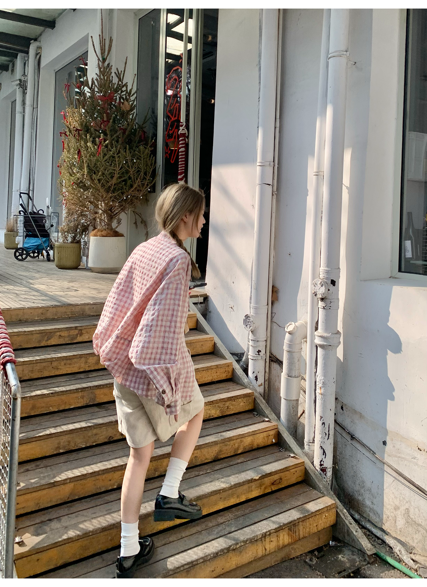 LelyMooch ピンクチェック リネン風　シャツジャケット  LEM119