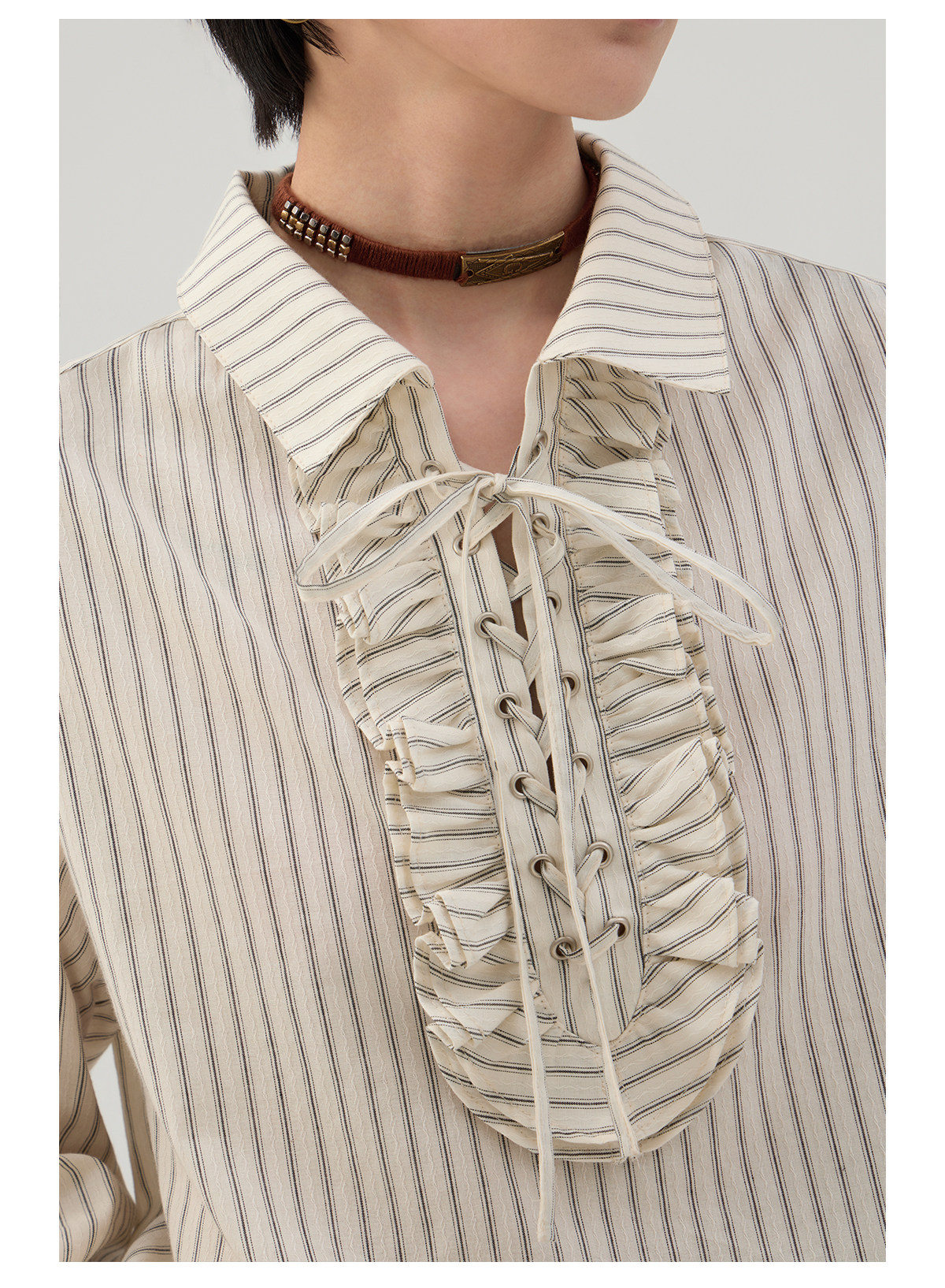 前結びデザイン 縦縞ブラウス  LOM042