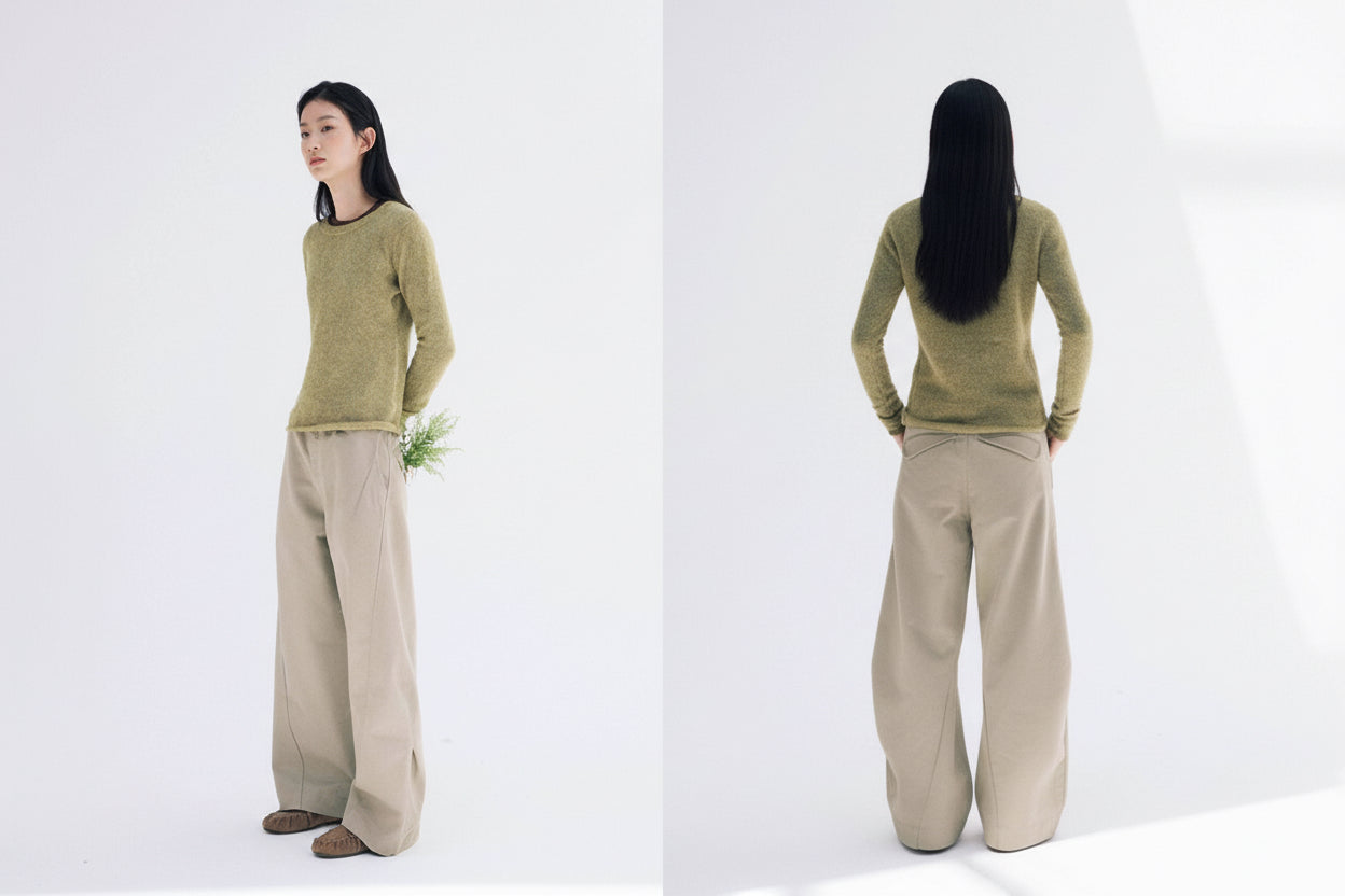 立体カーブドライン × ワイドシルエット構造タックデザインデニムパンツ LOM030