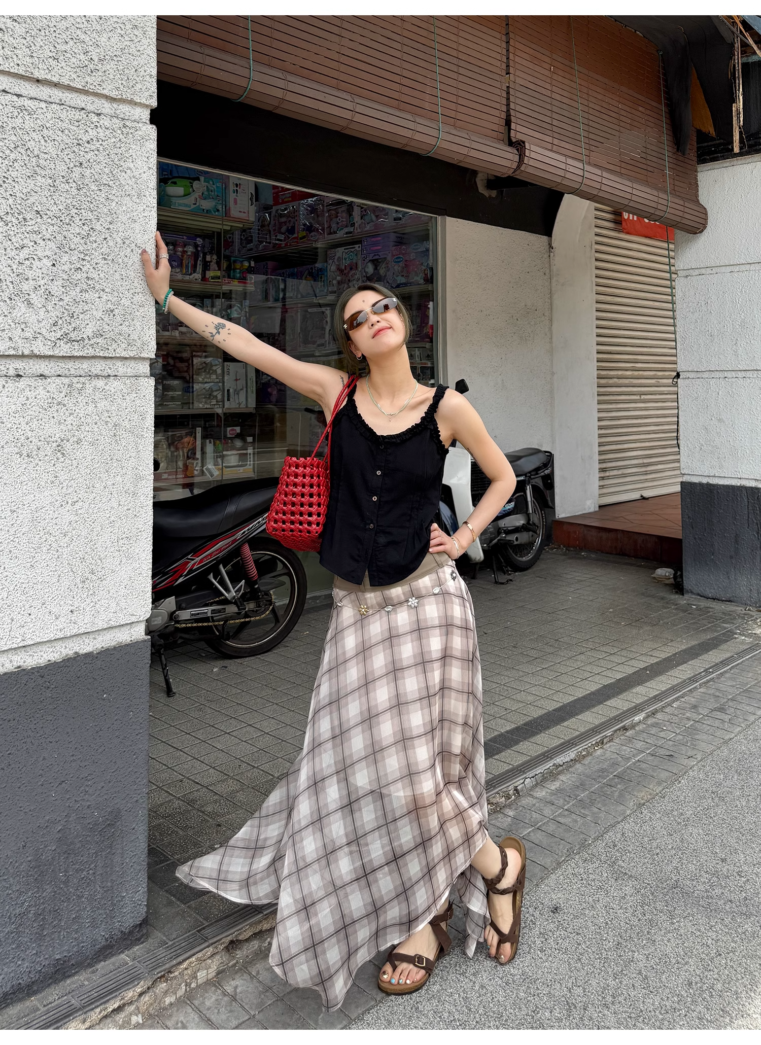 LelyMooch  エレガントフレンチ シフォンチェックスカート  LEM096