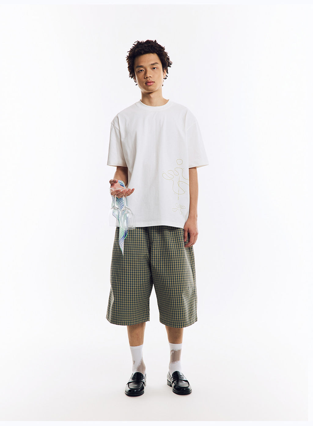 格子柄 ワイドハーフパンツ  LOM086