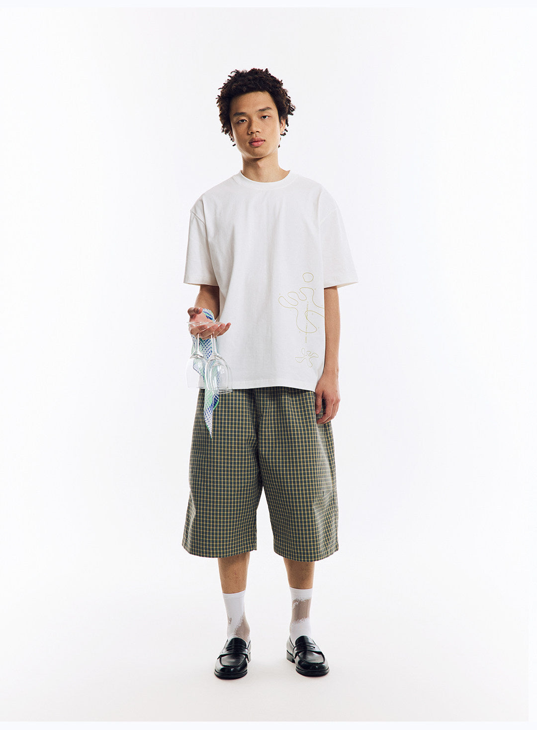 格子柄 ワイドハーフパンツ  LOM086