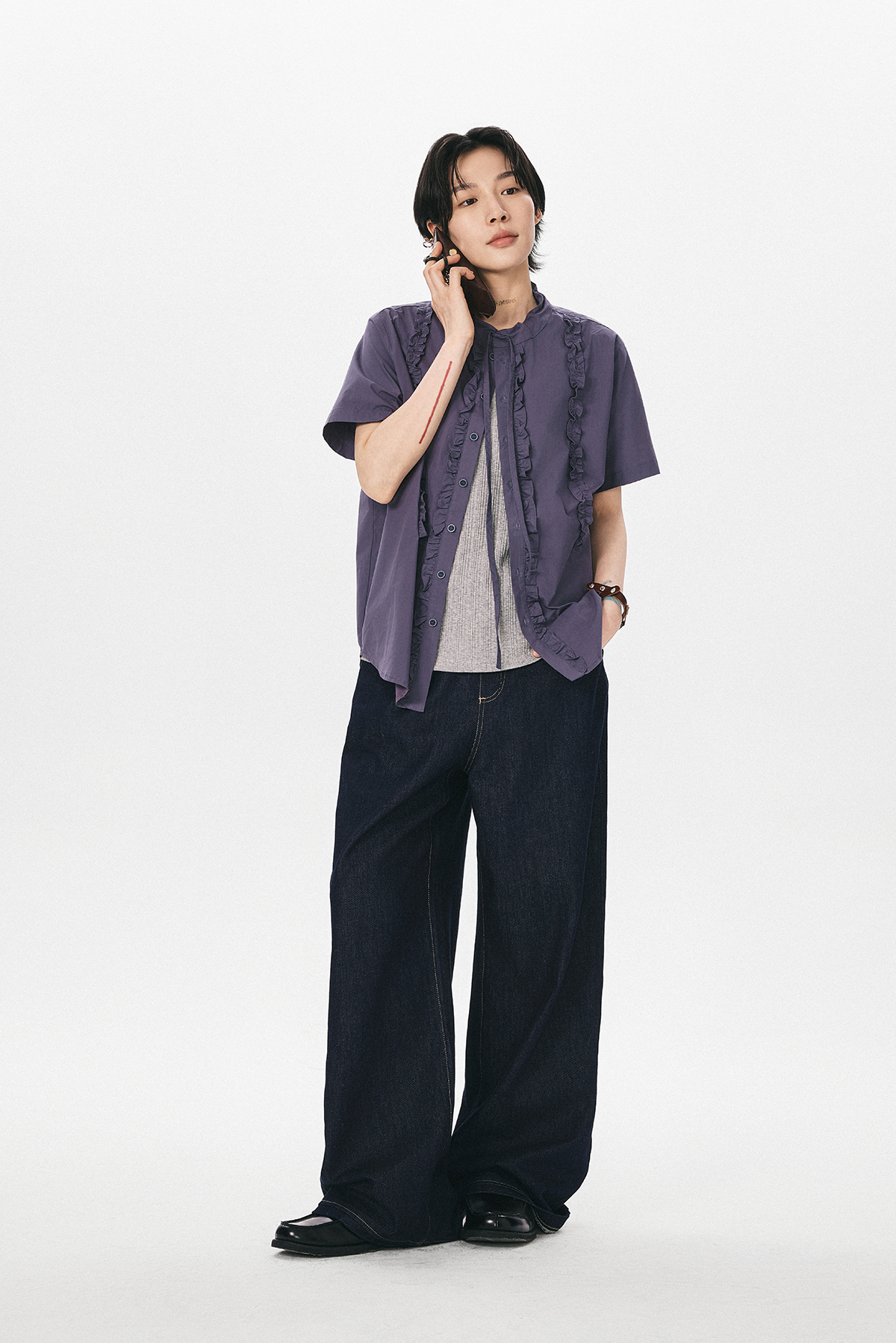 フリルリボン付き半袖シャツ  LOM028