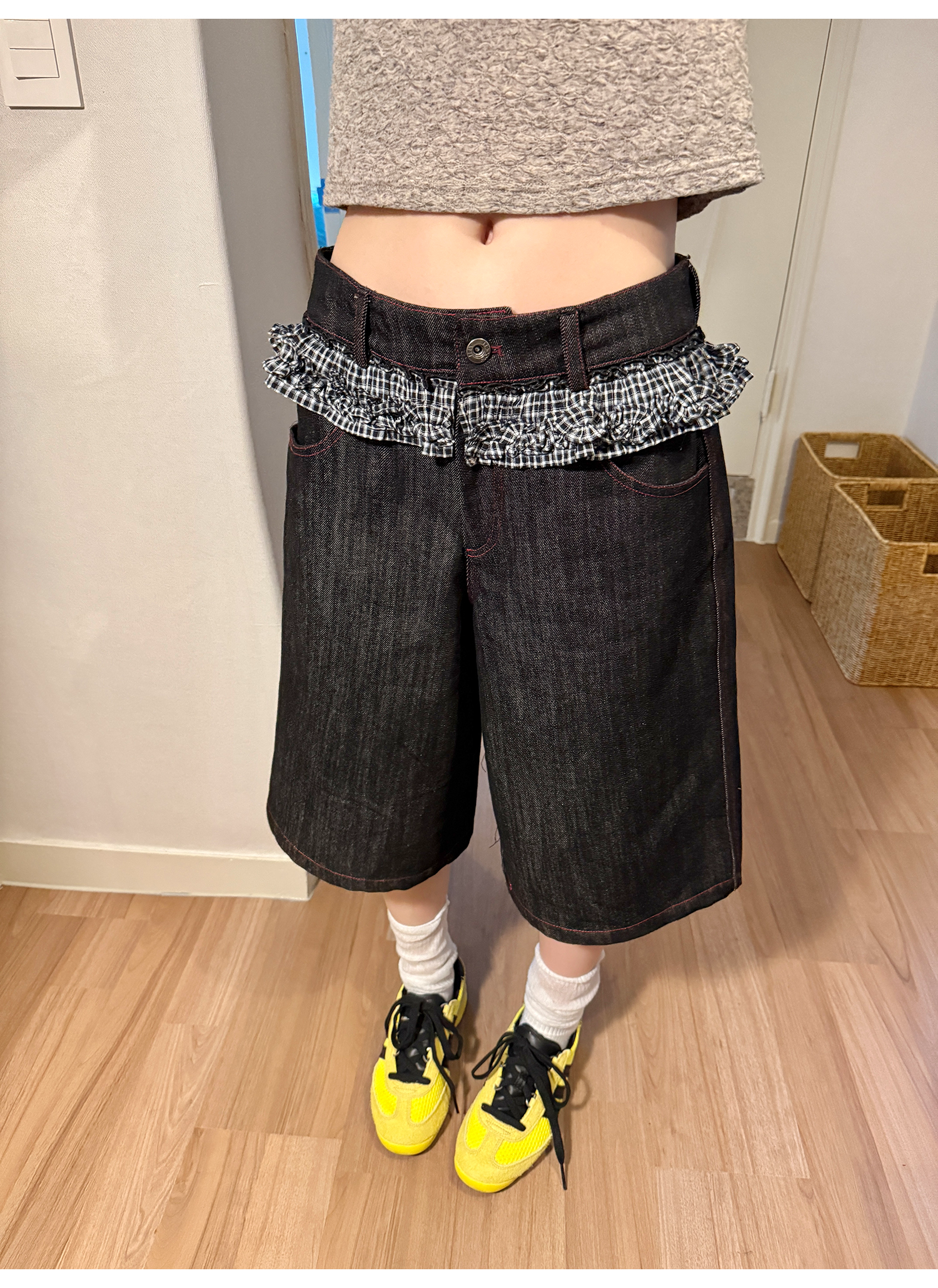 LelyMooch 赤ステッチ×ギンガムデニムハーフパンツ   LEM201