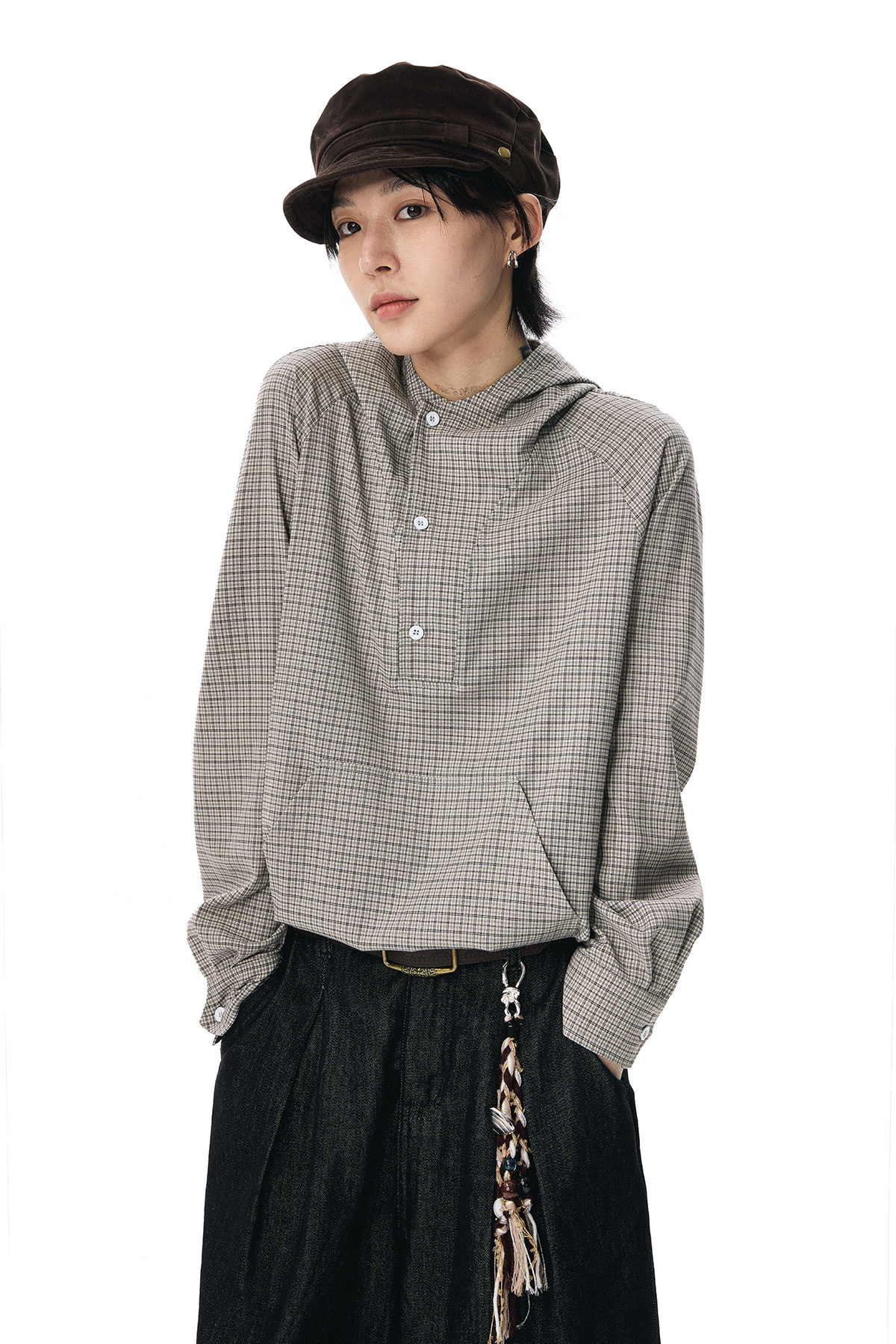 ドローコードヘム フーディーチェック柄 長袖シャツ  LOM037
