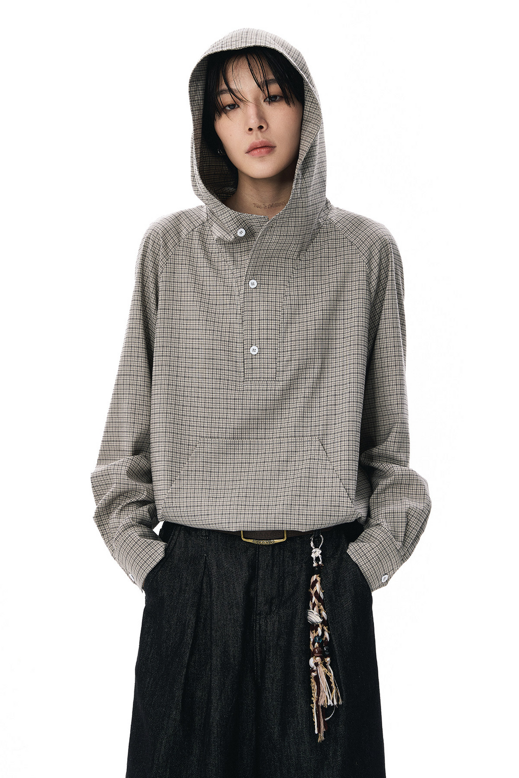 ドローコードヘム フーディーチェック柄 長袖シャツ  LOM037