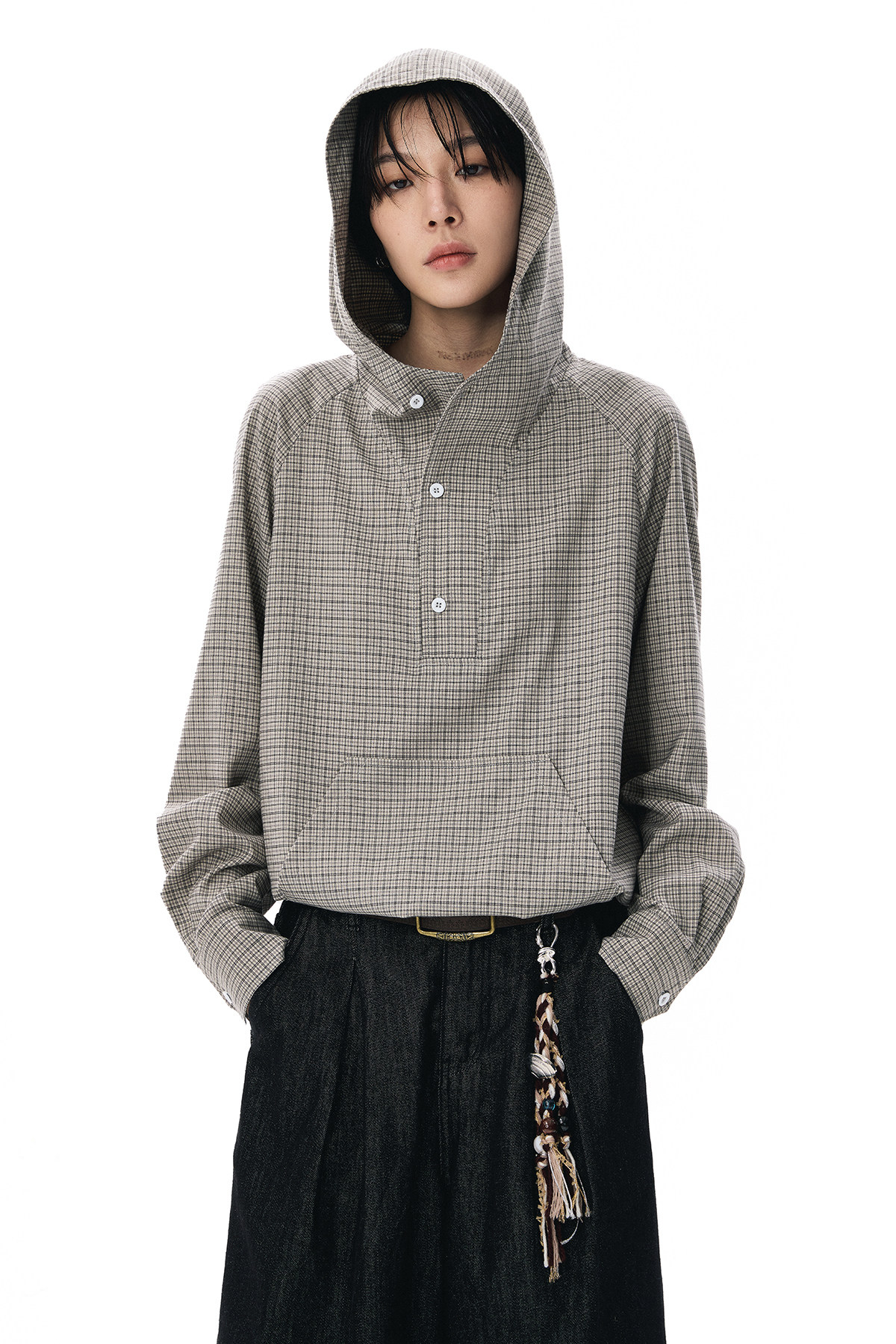 ドローコードヘム フーディーチェック柄 長袖シャツ  LOM037