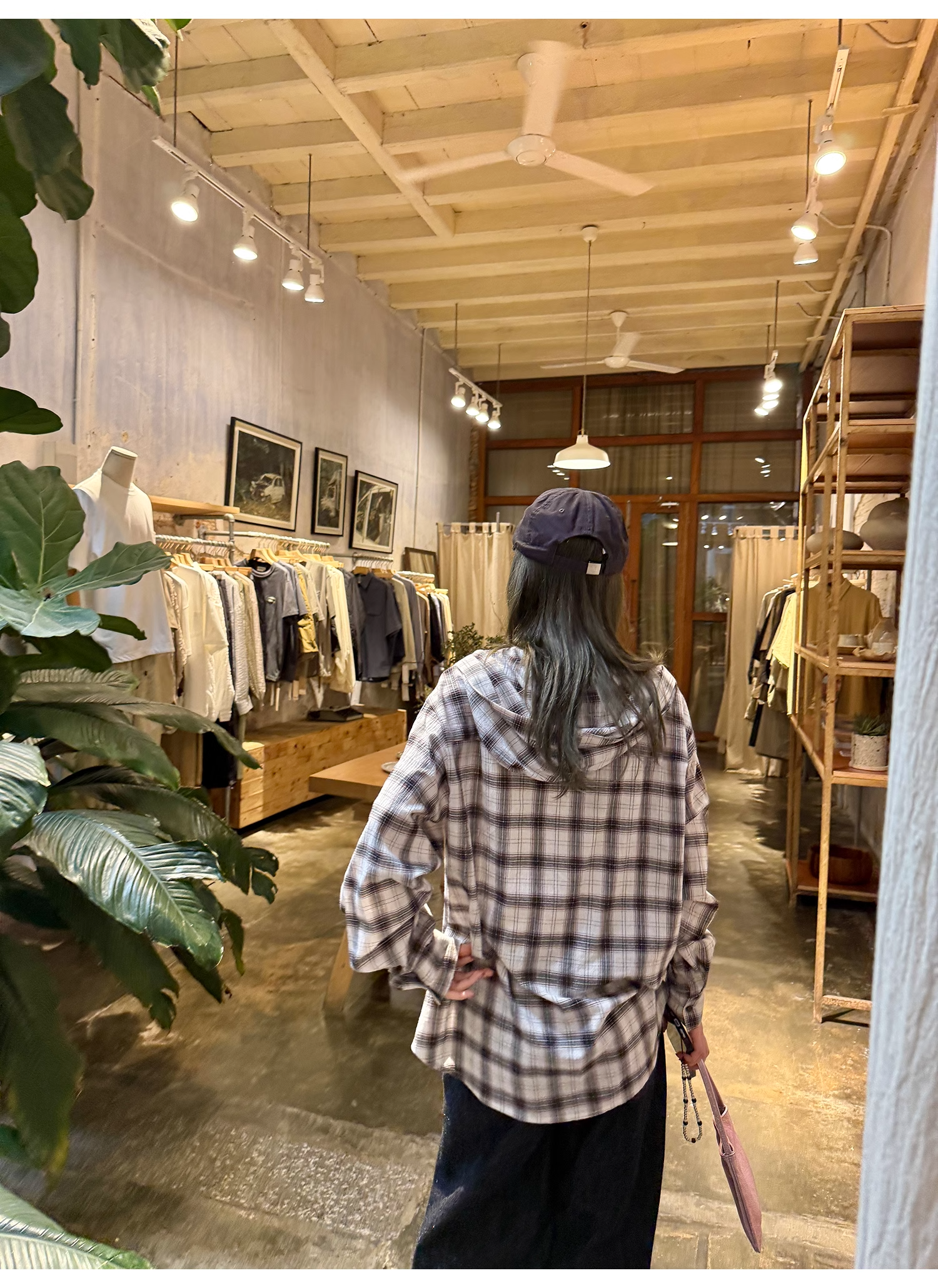 LelyMooch  フード付きミディ丈長袖チェックシャツ  LEM101