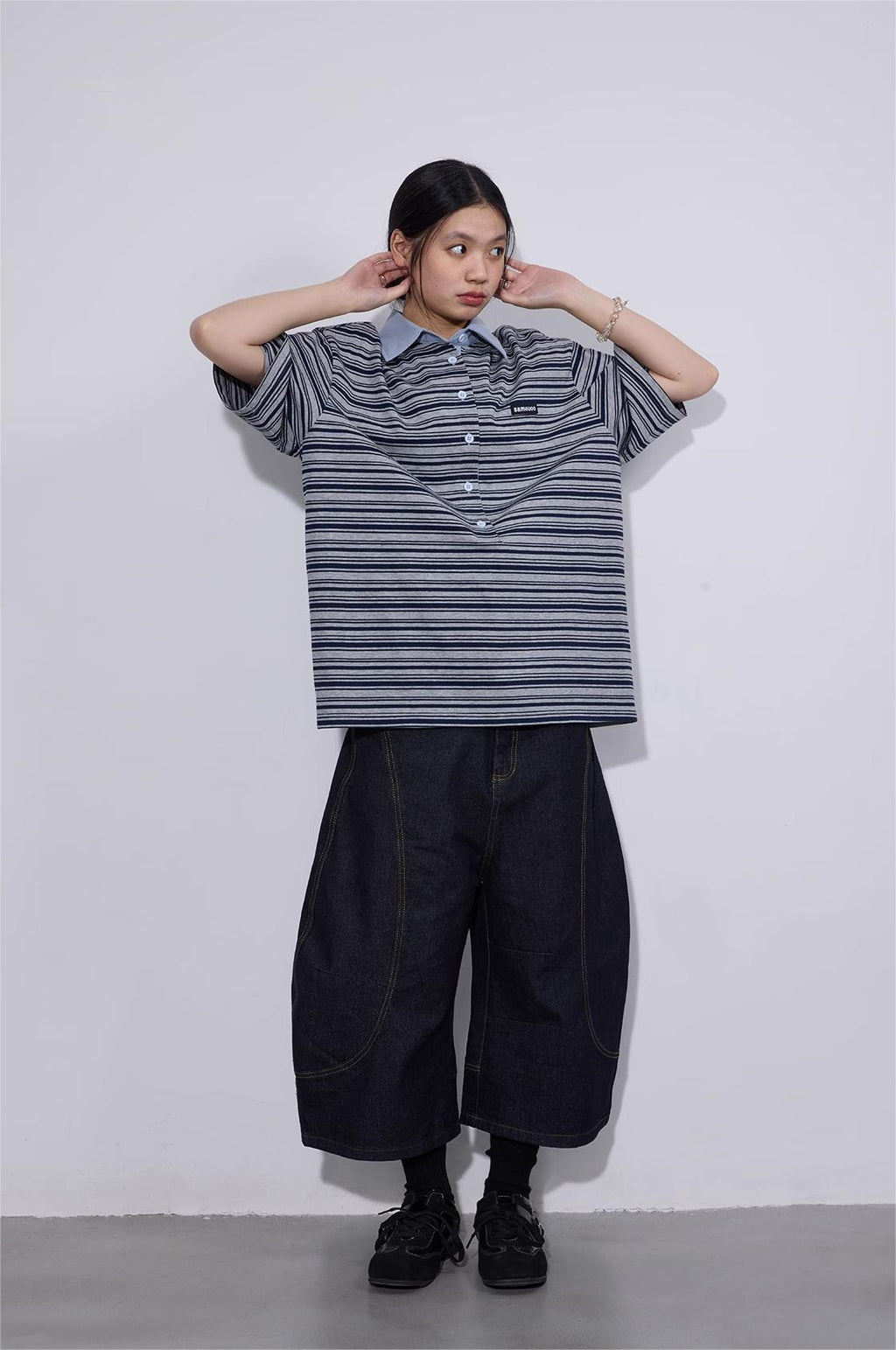 LoomL  ポロカラー ストライプ半袖Tシャツ  LOM016