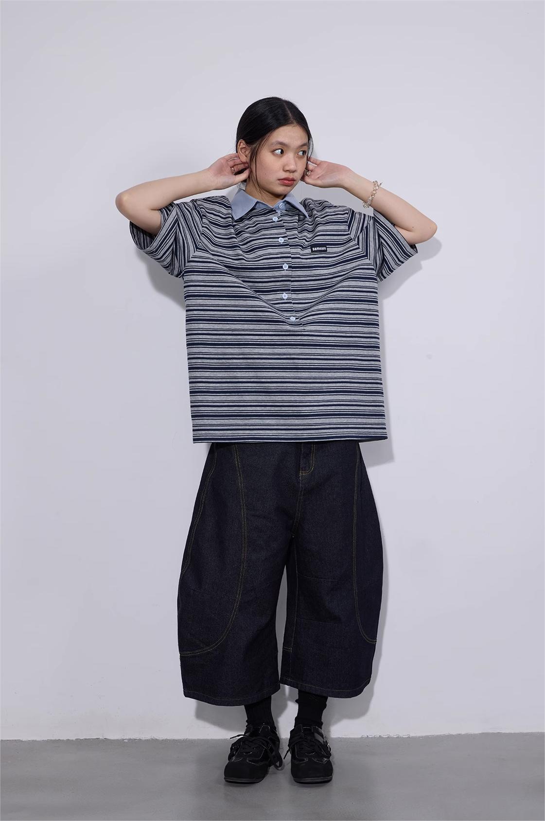 ポロカラー ストライプ半袖Tシャツ  LOM016