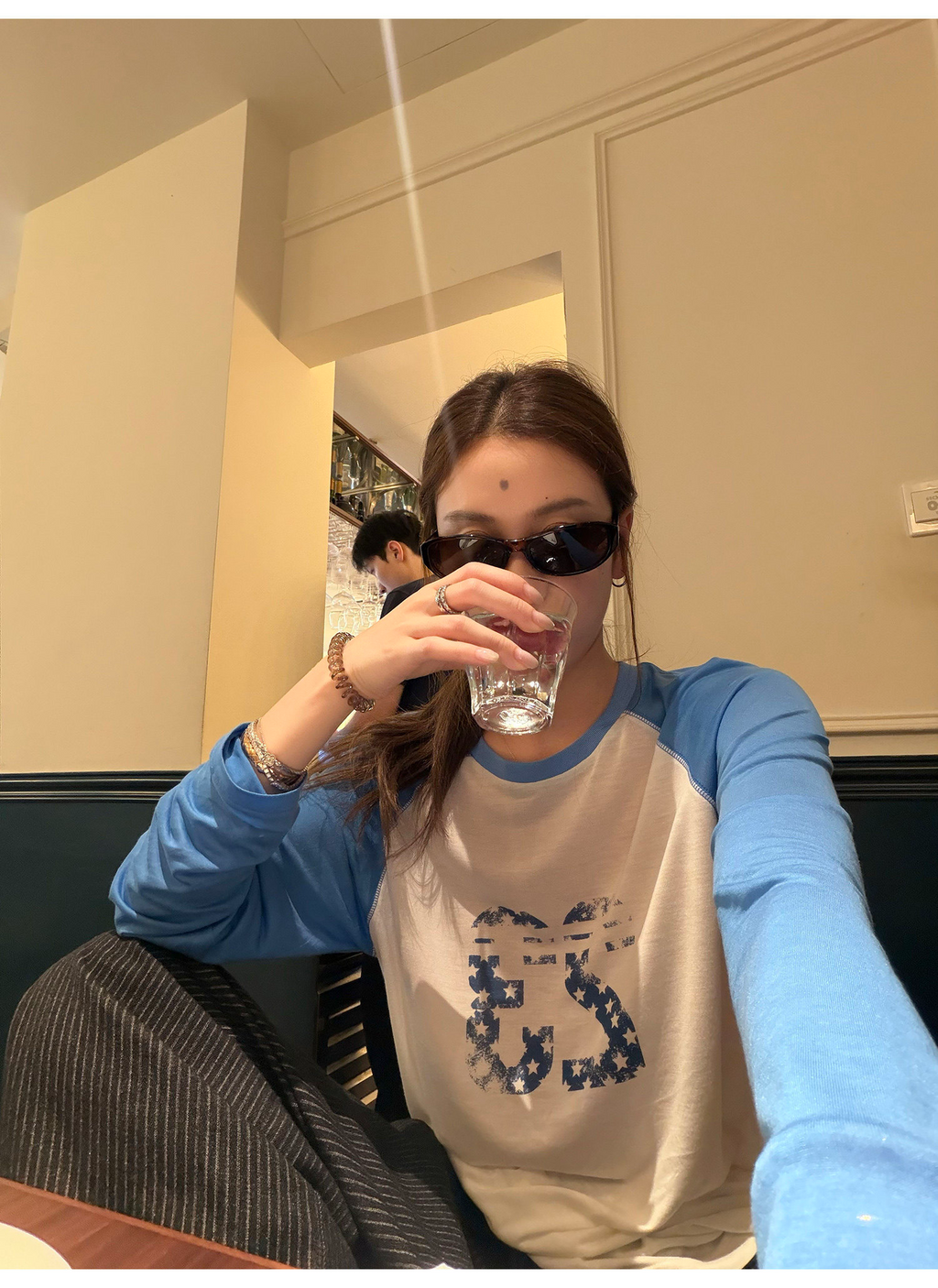 LelyMooch ブルー×ホワイト 配色ロングTシャツ  LEM377