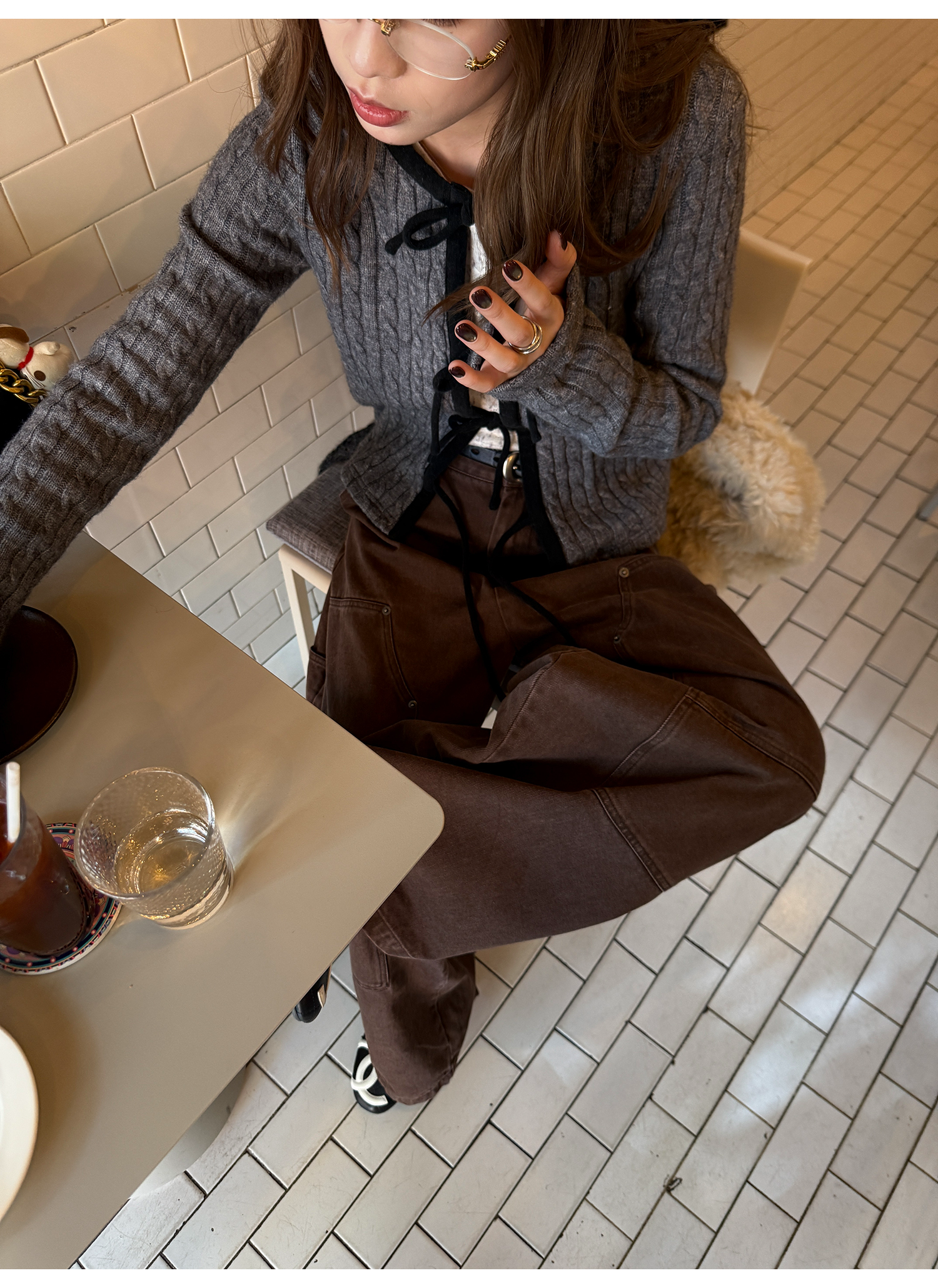 LelyMooch ケーブル調 × 配色リボン ニットトップス LEM276