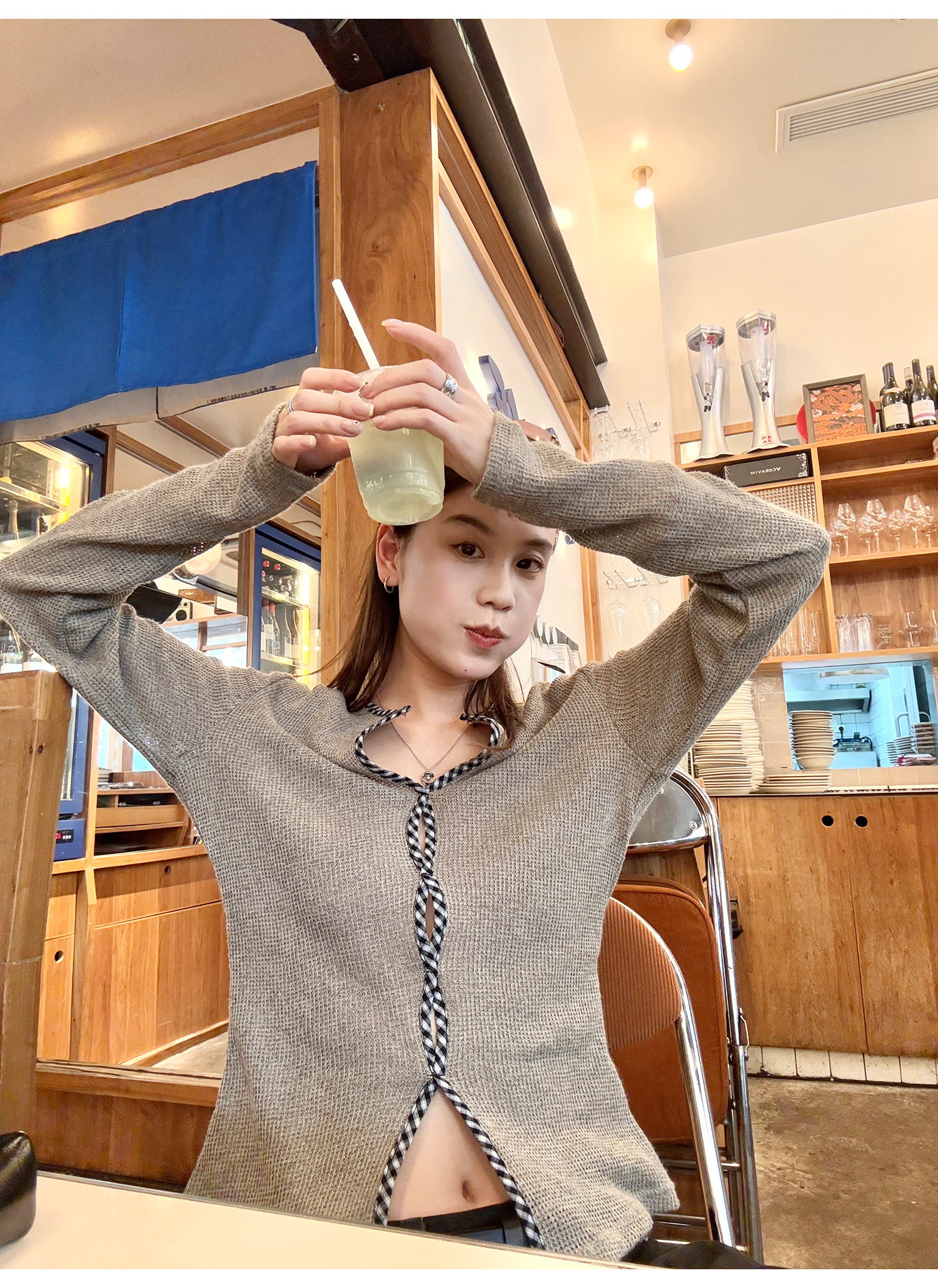 LelyMooch チェック柄ウエスト細見えニットトップス  LEM216