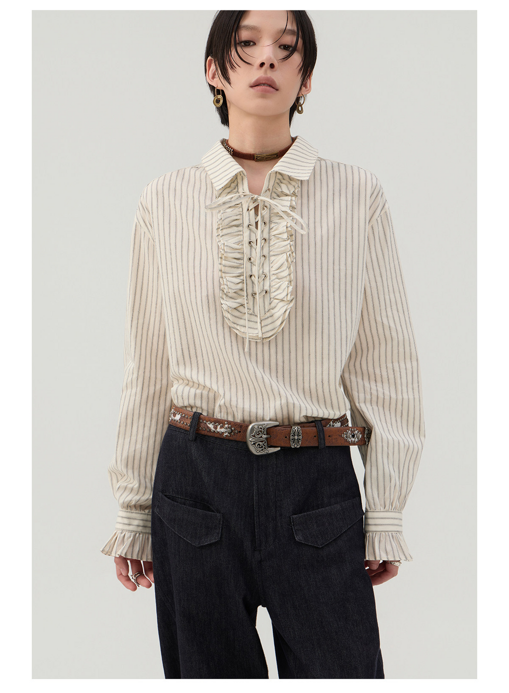 前結びデザイン 縦縞ブラウス  LOM042