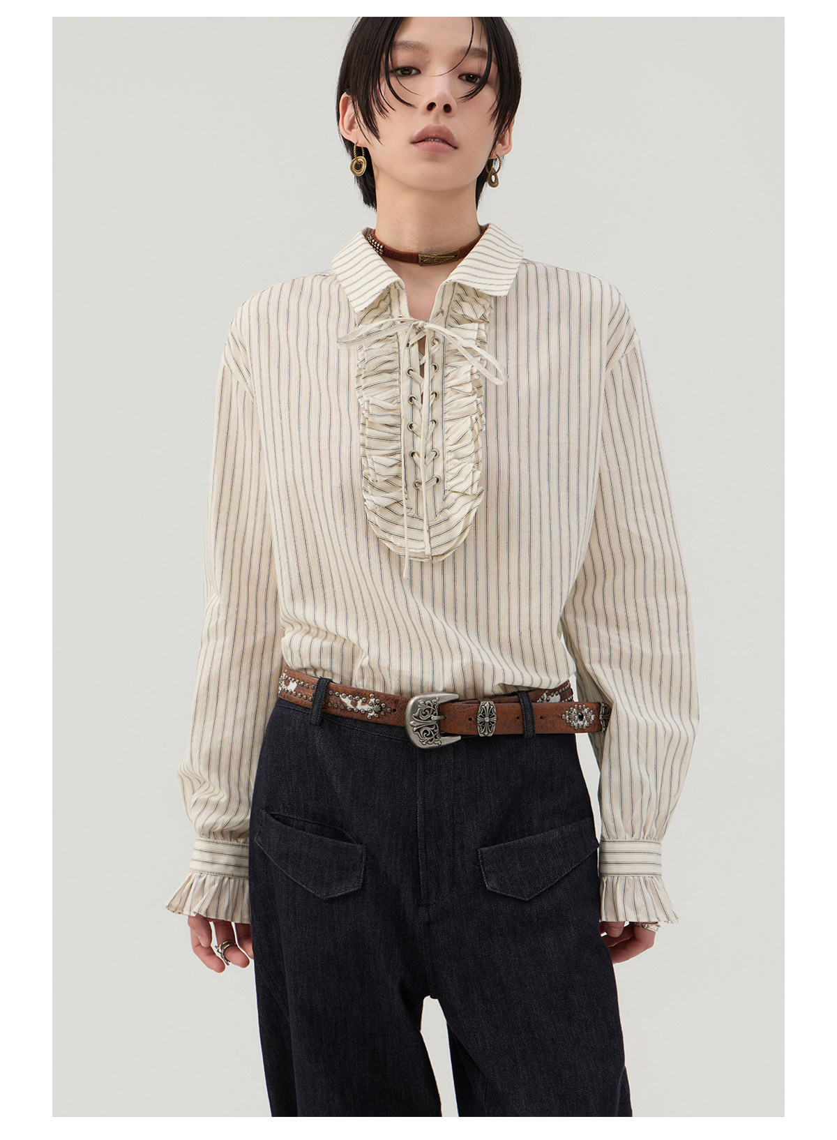 前結びデザイン 縦縞ブラウス  LOM042