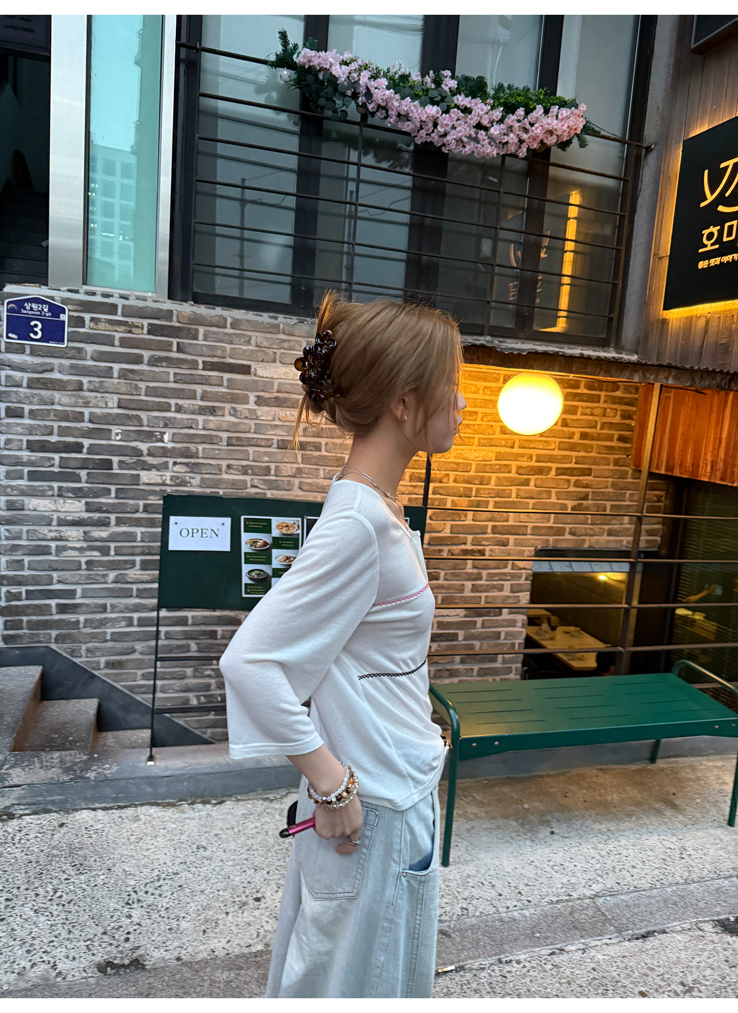 LelyMooch シアー素材×配色ステッチ ヘンリーネック七分袖  LEM178