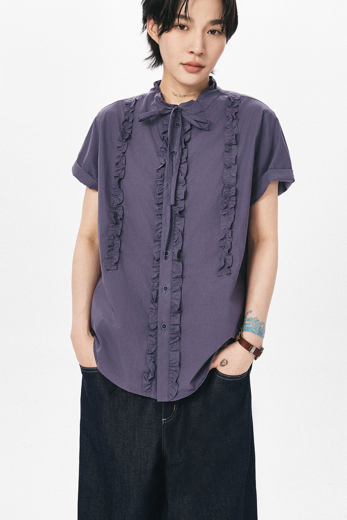 フリルリボン付き半袖シャツ  LOM028