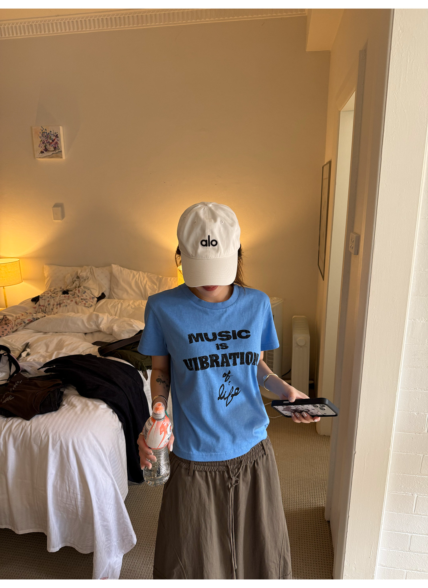 LelyMooch 配色ロゴプリント×ヴィンテージ風  スラブ綿麻 半袖Tシャツ  LEM331
