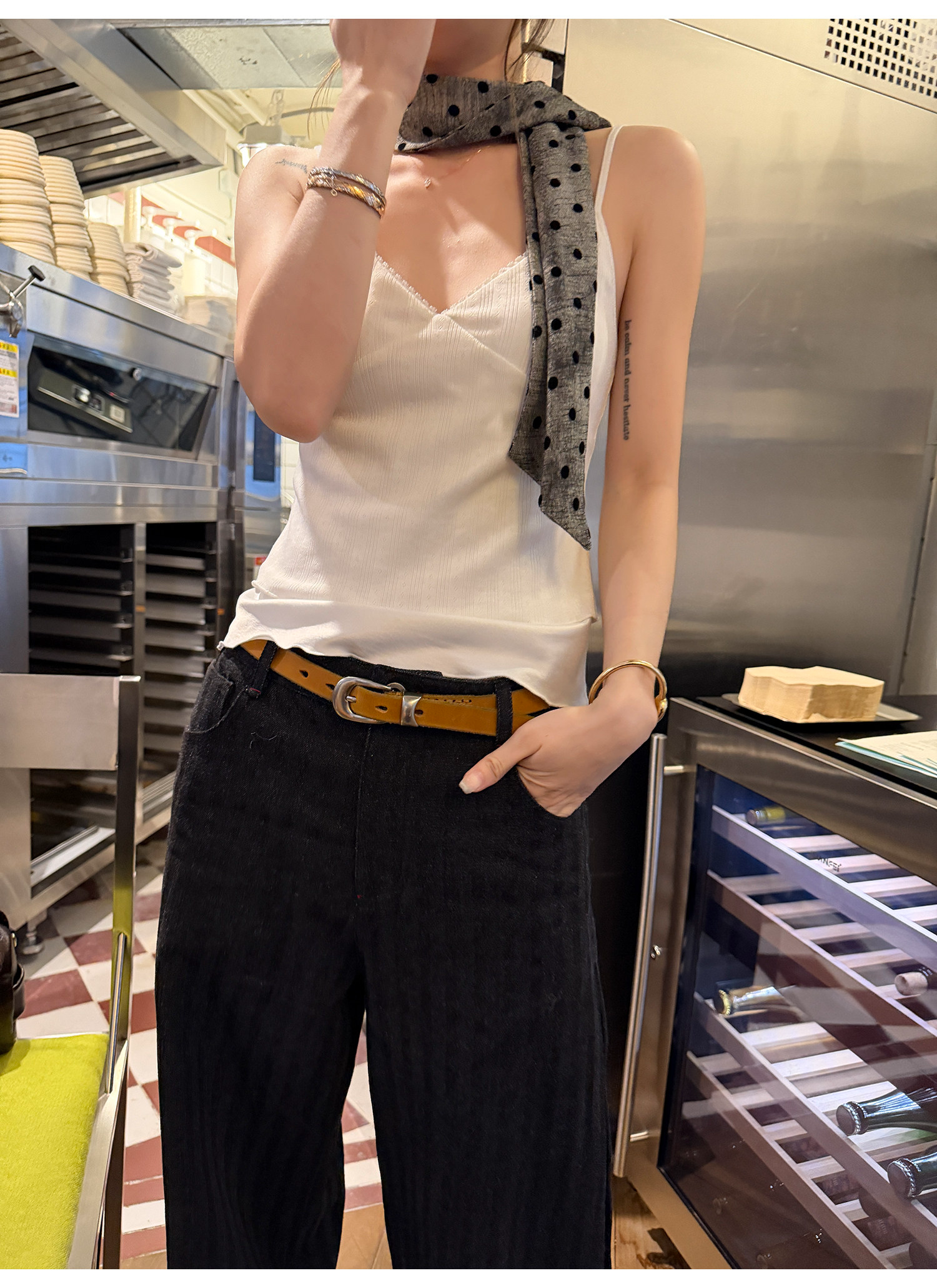 LelyMooch ドット柄シアースカーフ グレーグラデーション  レトロアクセント  LEM327