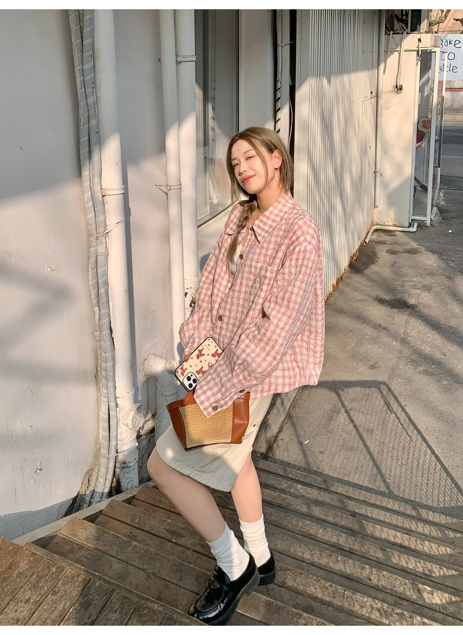 LelyMooch ピンクチェック リネン風　シャツジャケット  LEM119