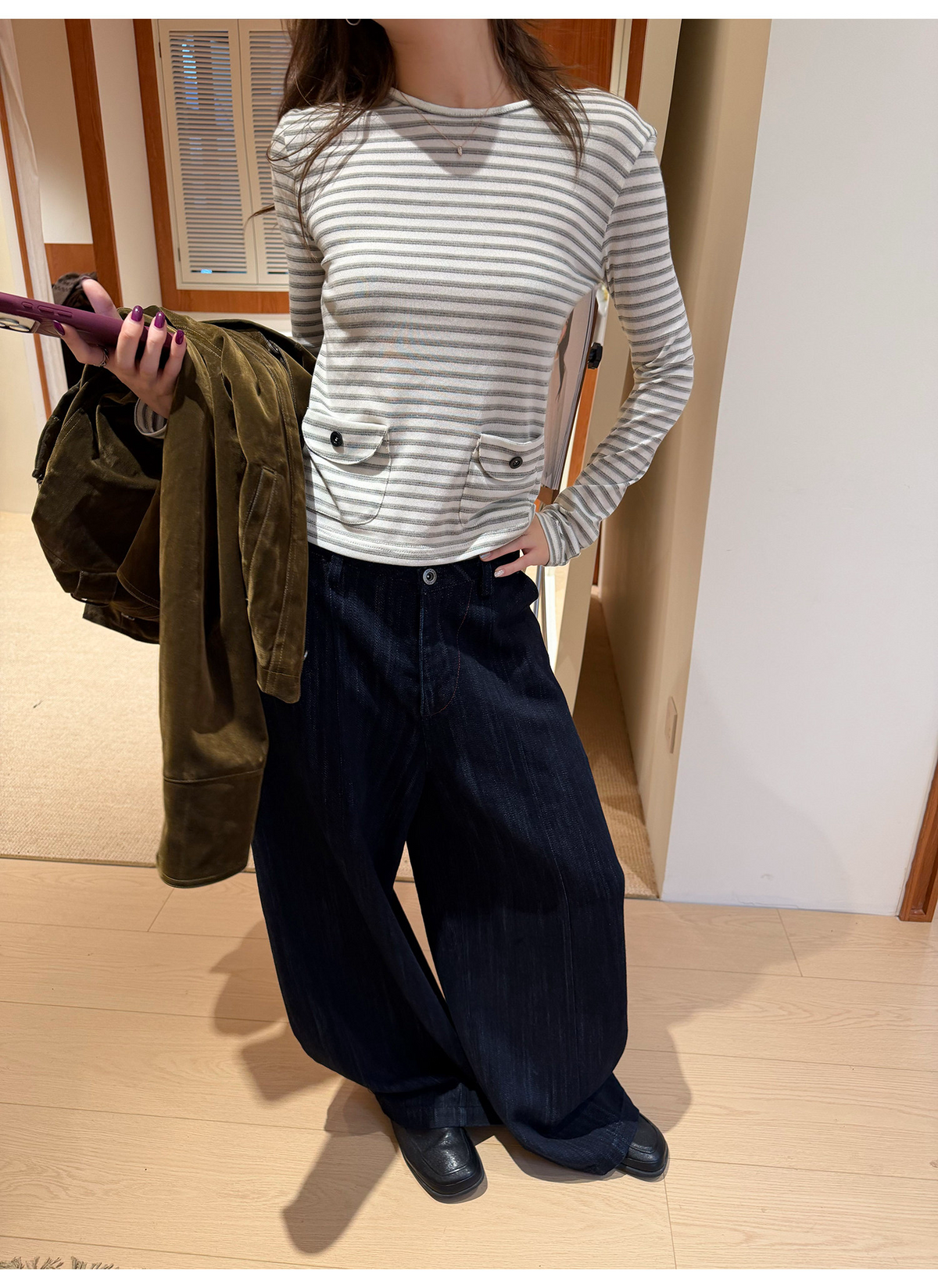 LelyMoochフラップポケット付き 細ボーダートップス  LEM435