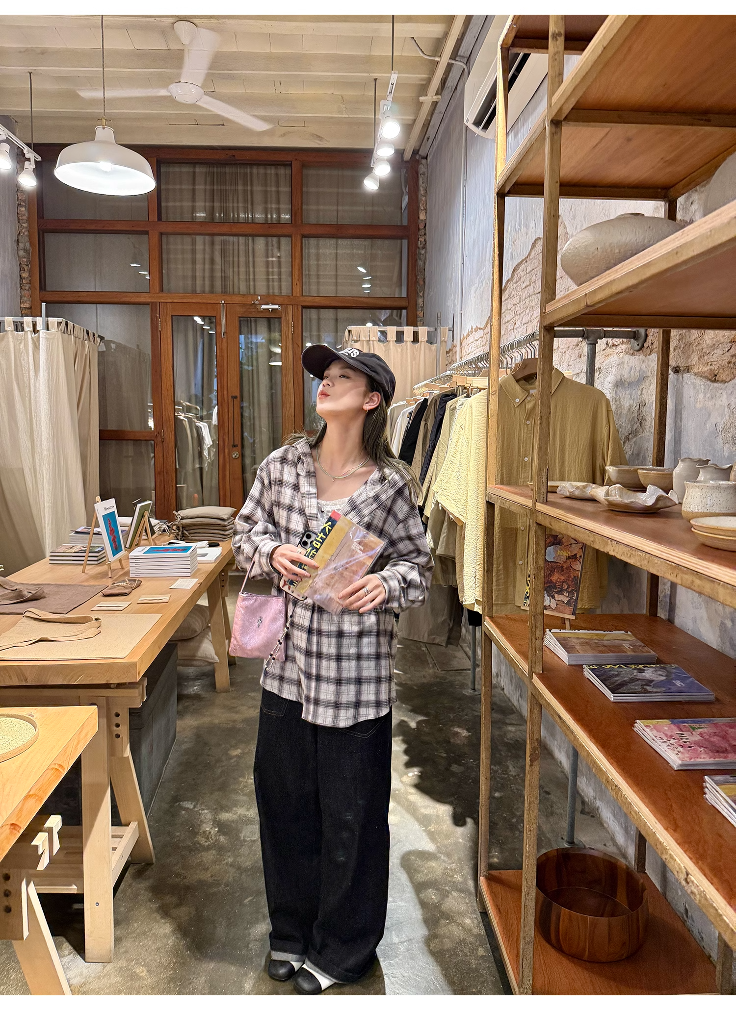 LelyMooch  フード付きミディ丈長袖チェックシャツ  LEM101