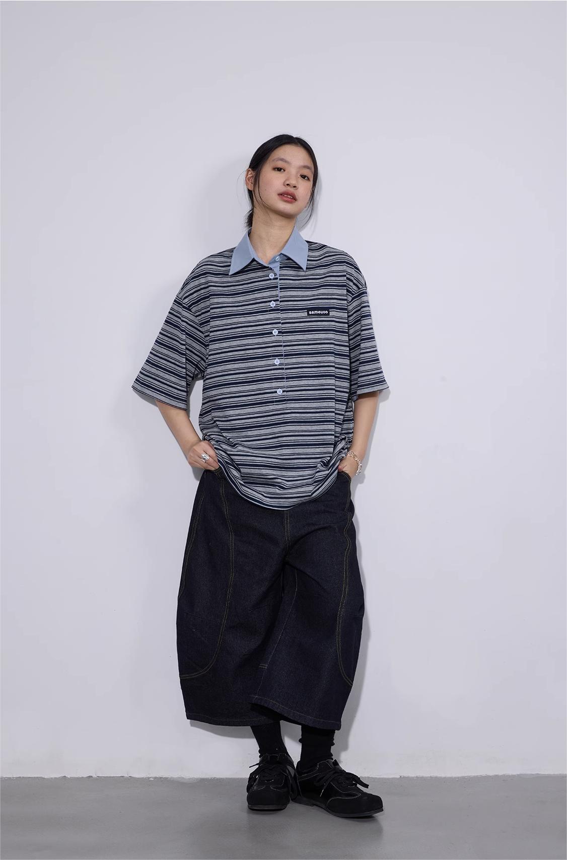 ポロカラー ストライプ半袖Tシャツ  LOM016