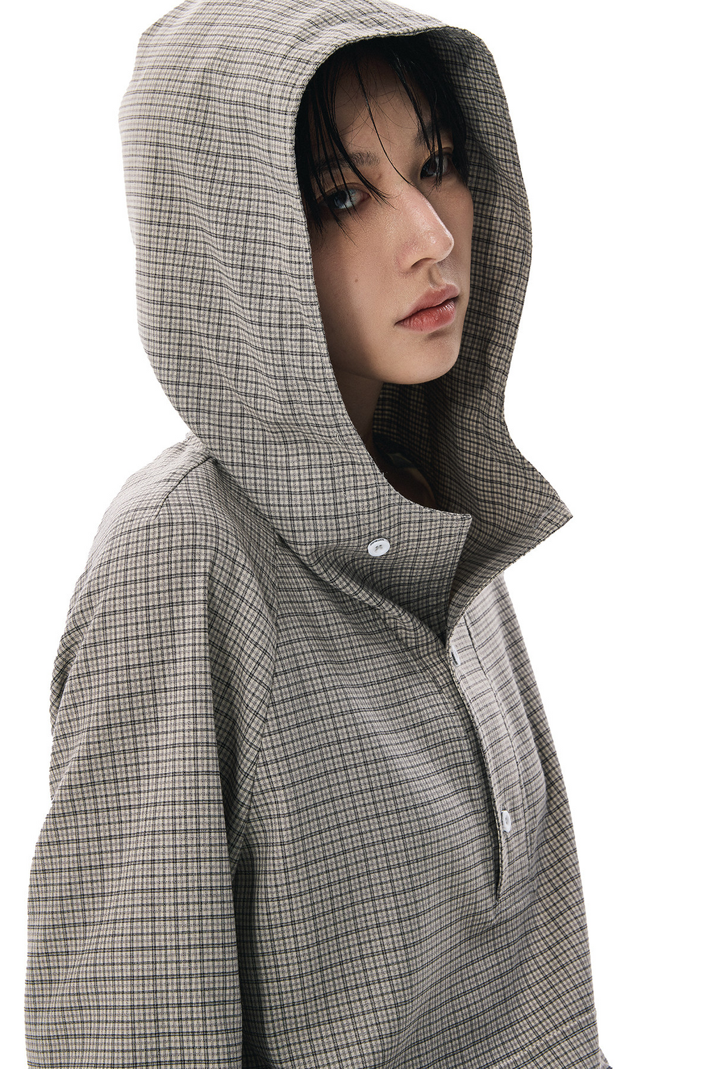 ドローコードヘム フーディーチェック柄 長袖シャツ  LOM037