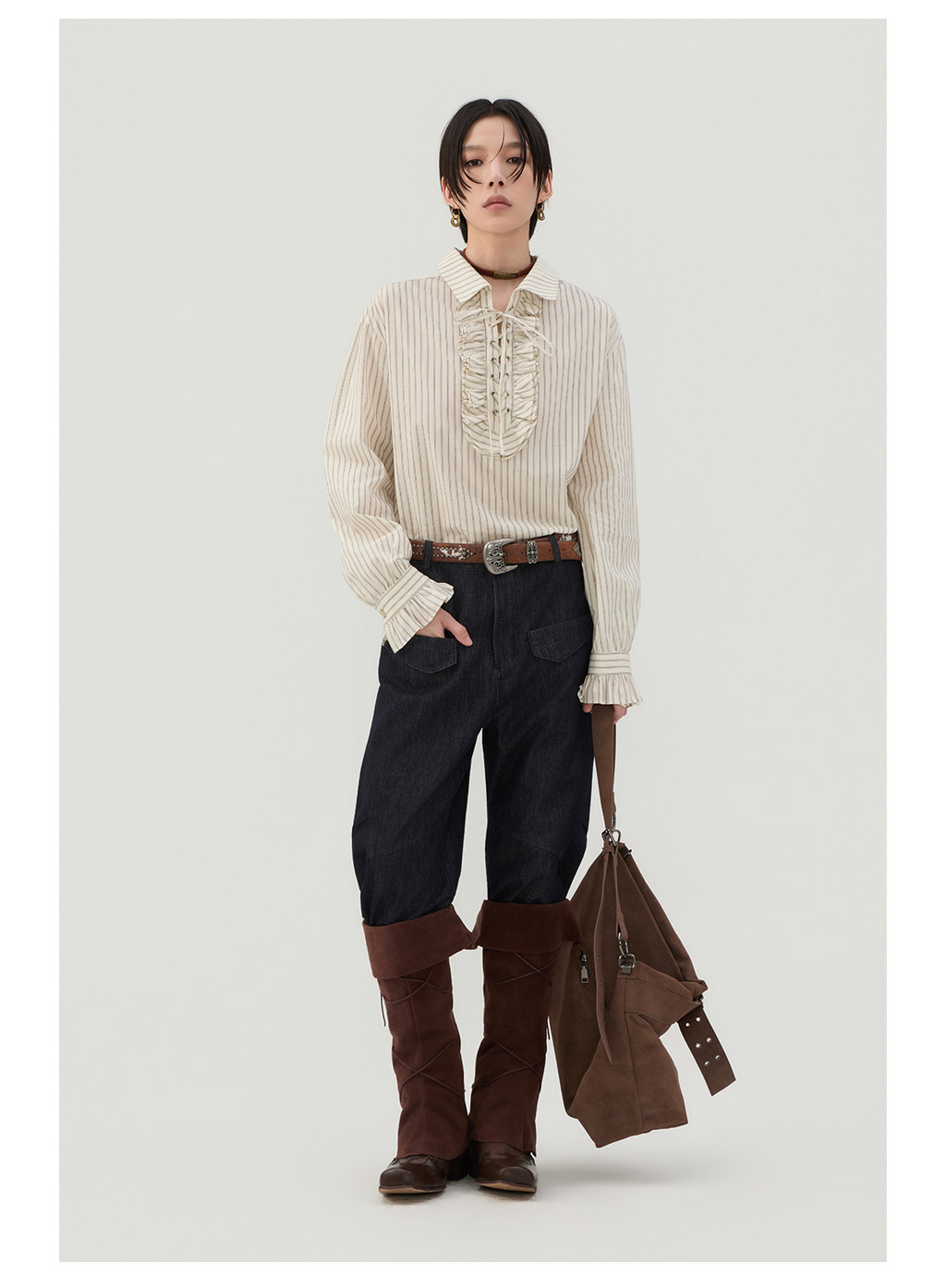 前結びデザイン 縦縞ブラウス  LOM042