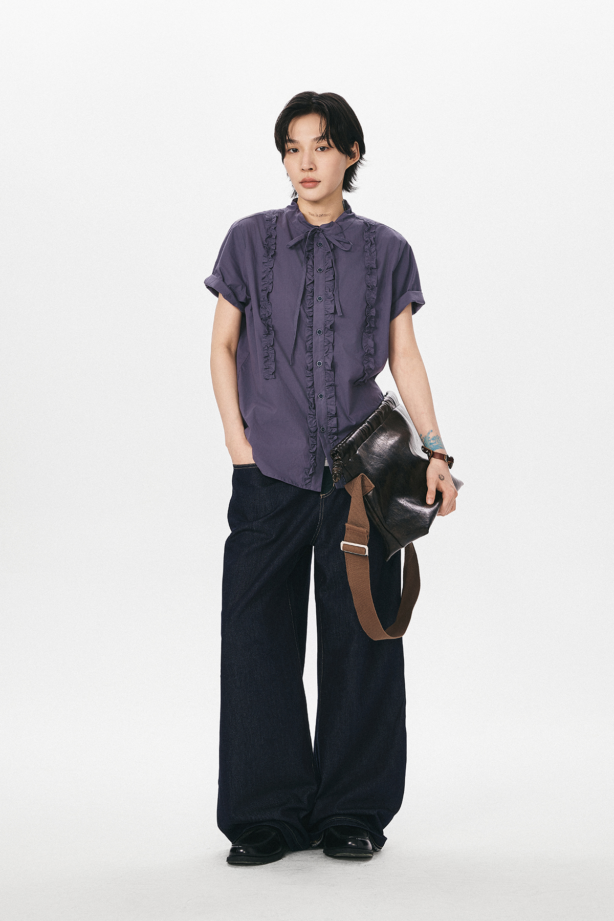 フリルリボン付き半袖シャツ  LOM028