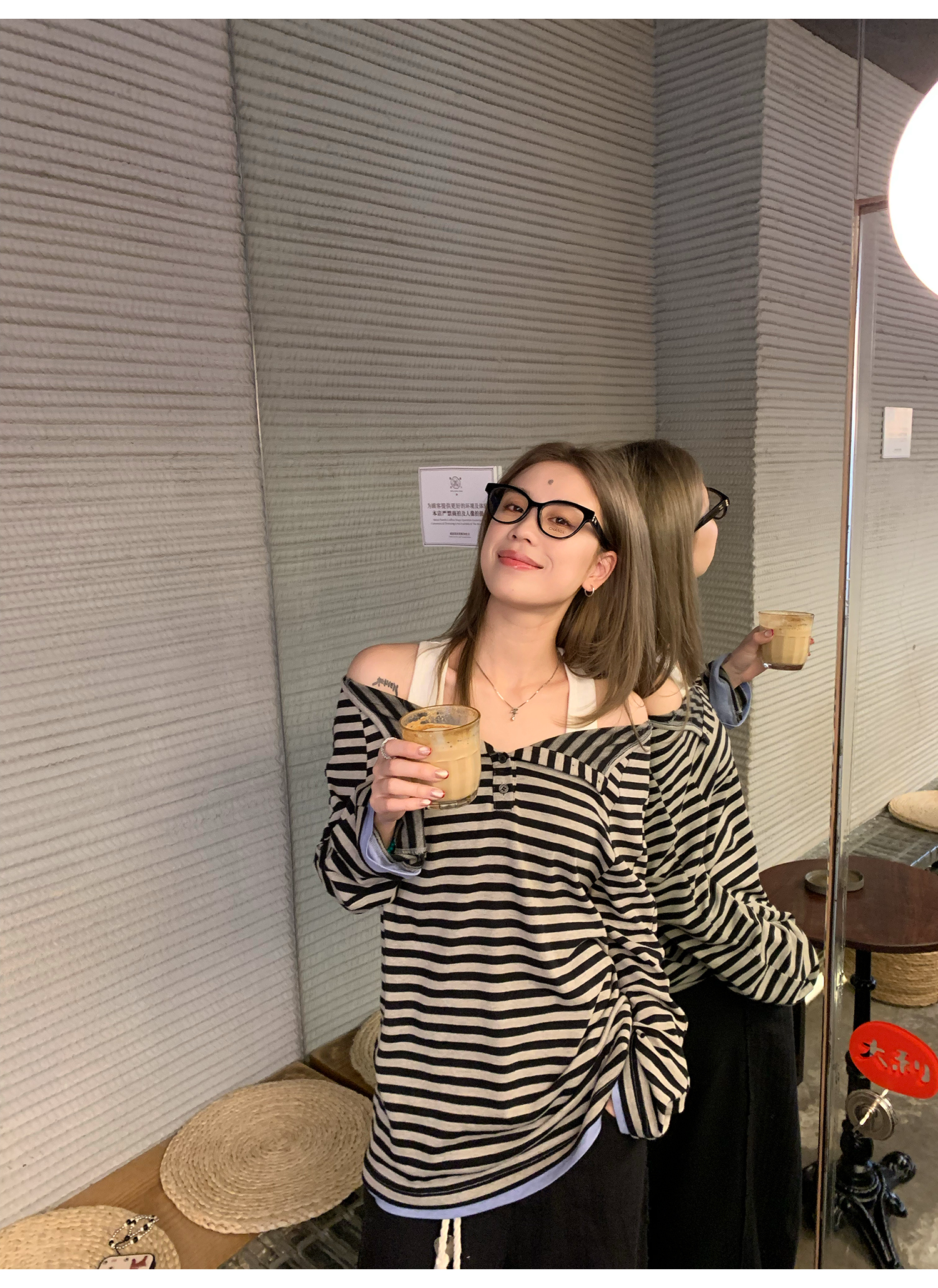 LelyMooch  オフショルダー ストライプ ロンTシャツ  LEM120