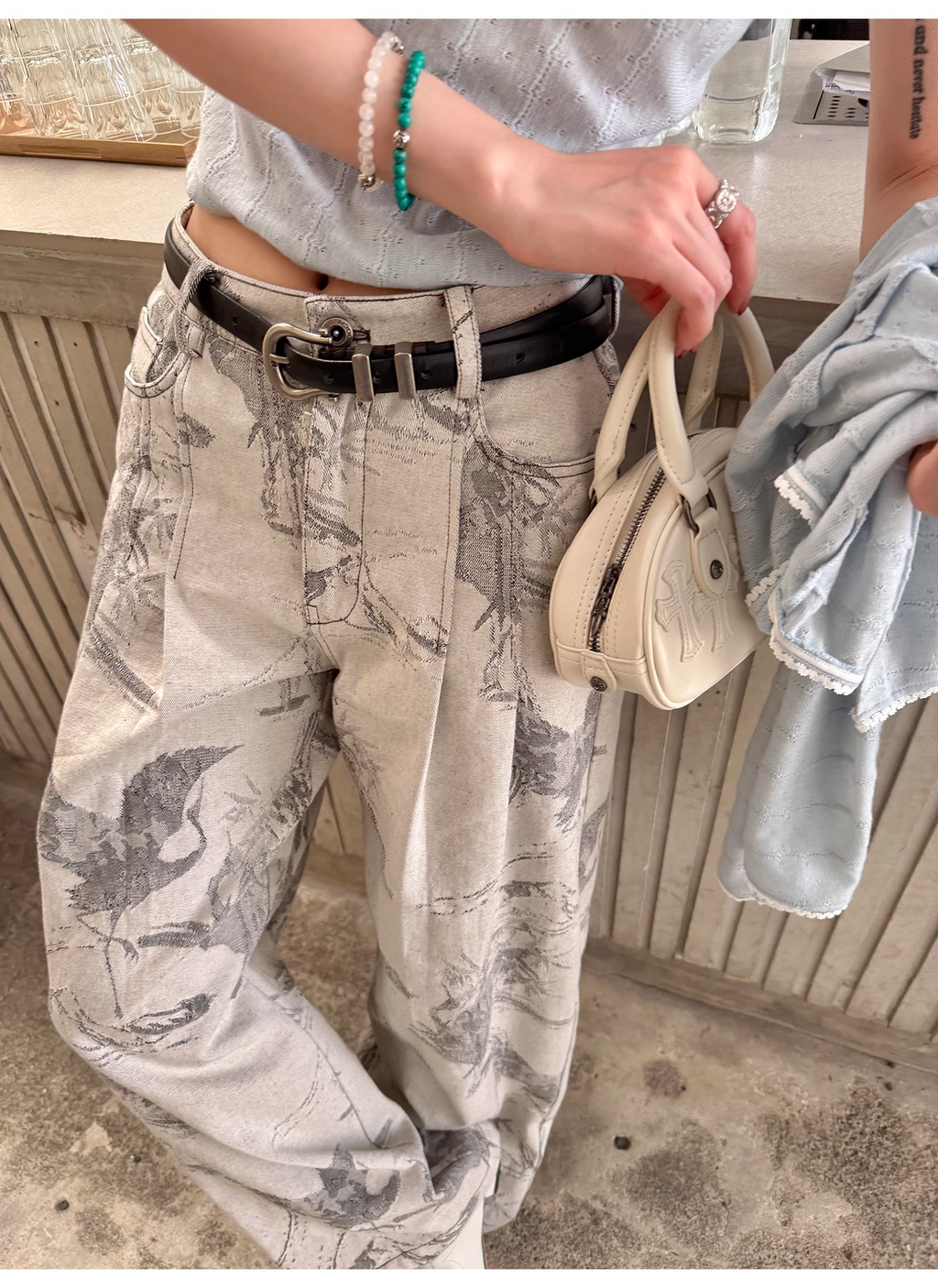 【7日以内にお届け】LelyMooch ヴィンテージ風 ジャカード デニムパンツ LEM109