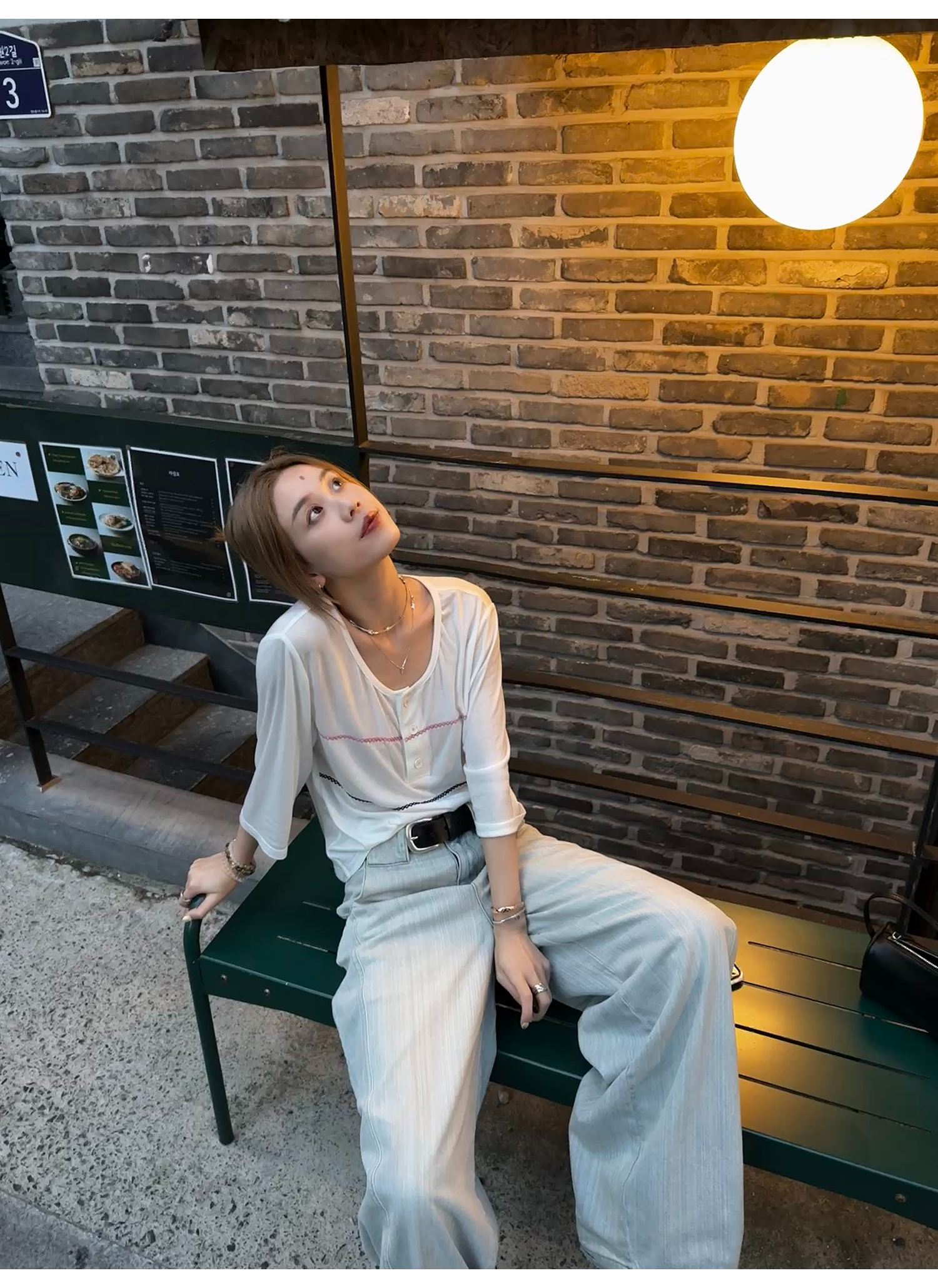 LelyMooch シアー素材×配色ステッチ ヘンリーネック七分袖  LEM178