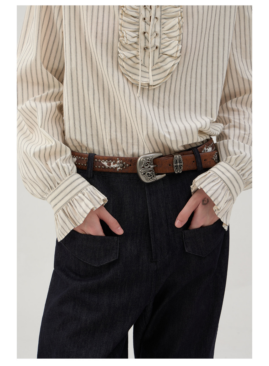 前結びデザイン 縦縞ブラウス  LOM042