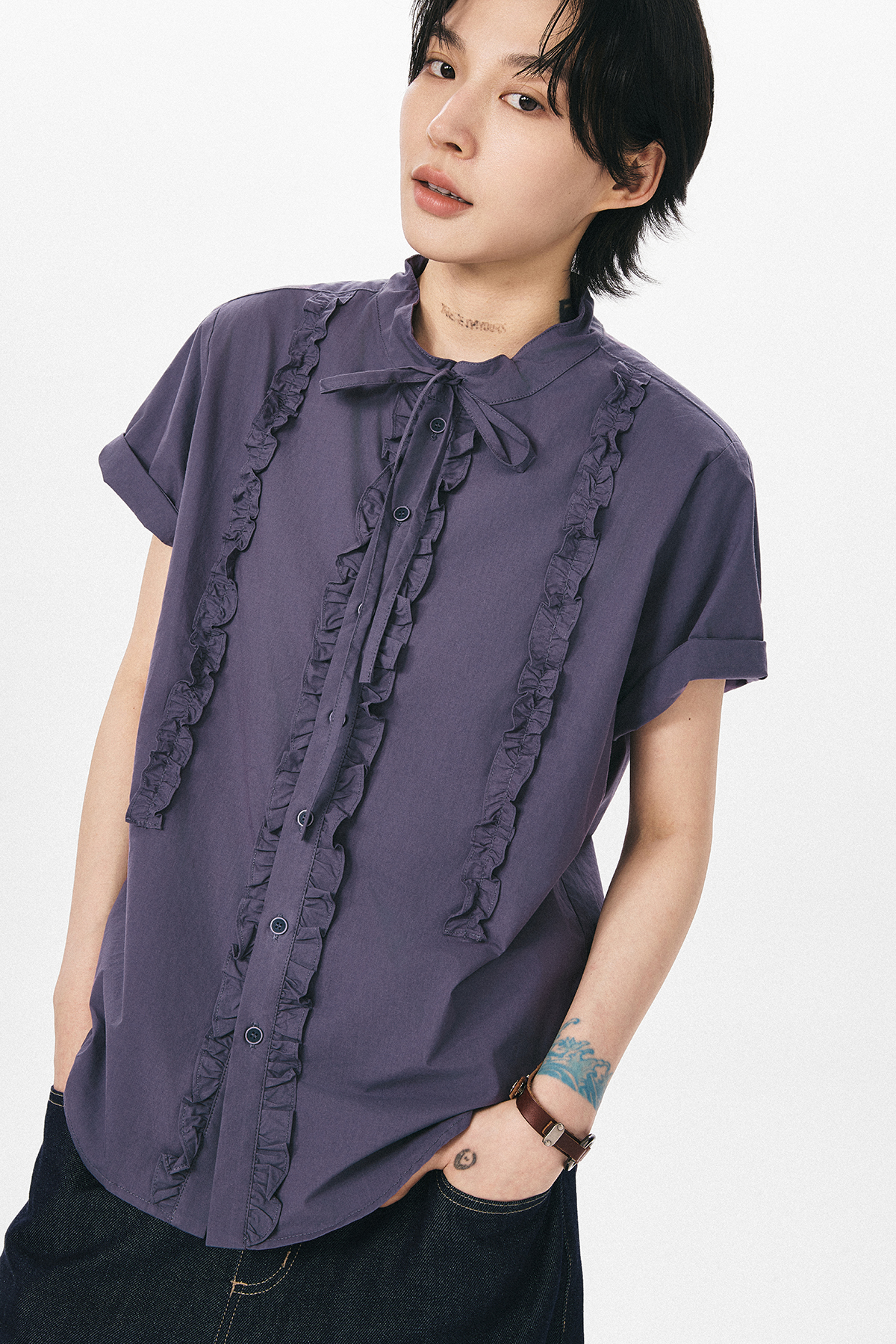 フリルリボン付き半袖シャツ  LOM028
