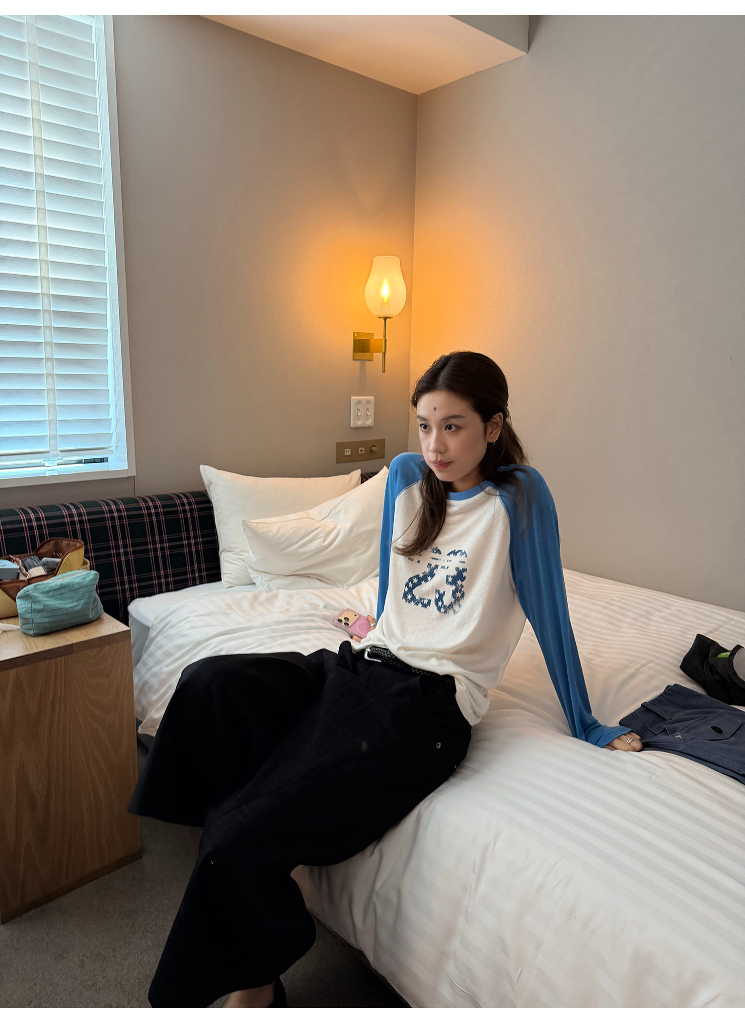 LelyMooch ブルー×ホワイト 配色ロングTシャツ  LEM377