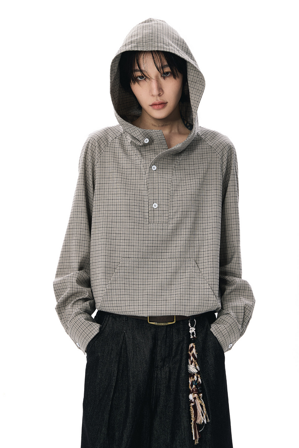 ドローコードヘム フーディーチェック柄 長袖シャツ  LOM037