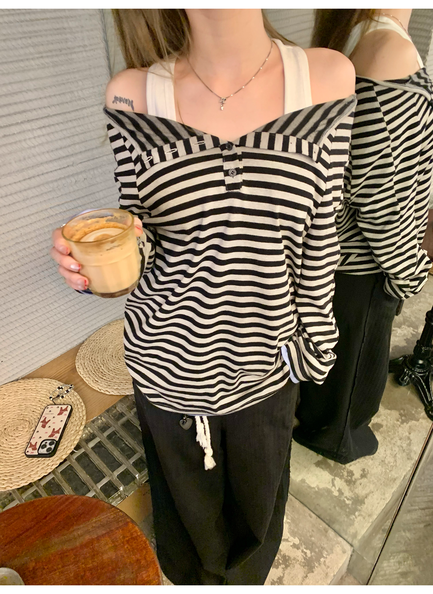 LelyMooch  オフショルダー ストライプ ロンTシャツ  LEM120