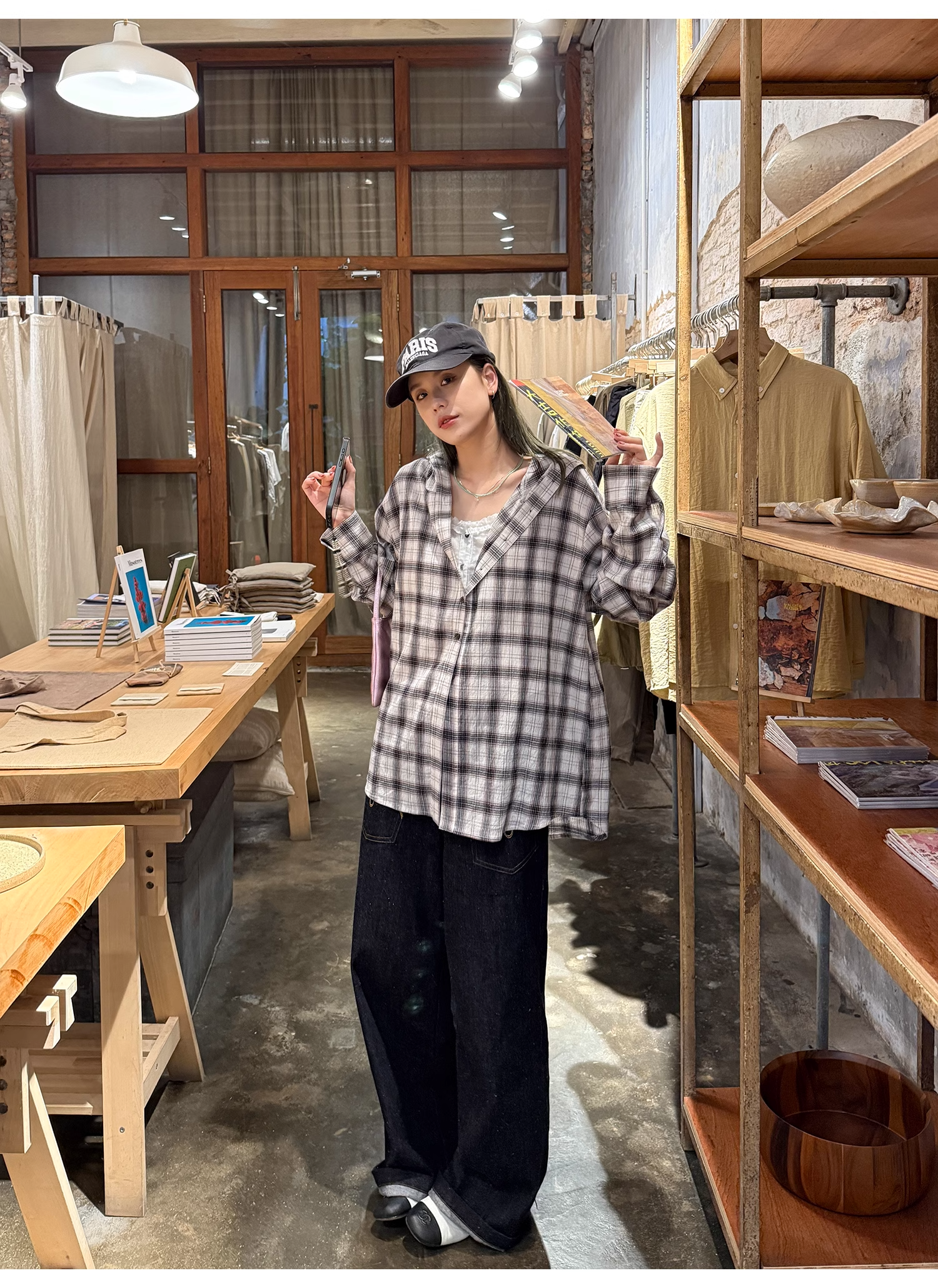 LelyMooch  フード付きミディ丈長袖チェックシャツ  LEM101