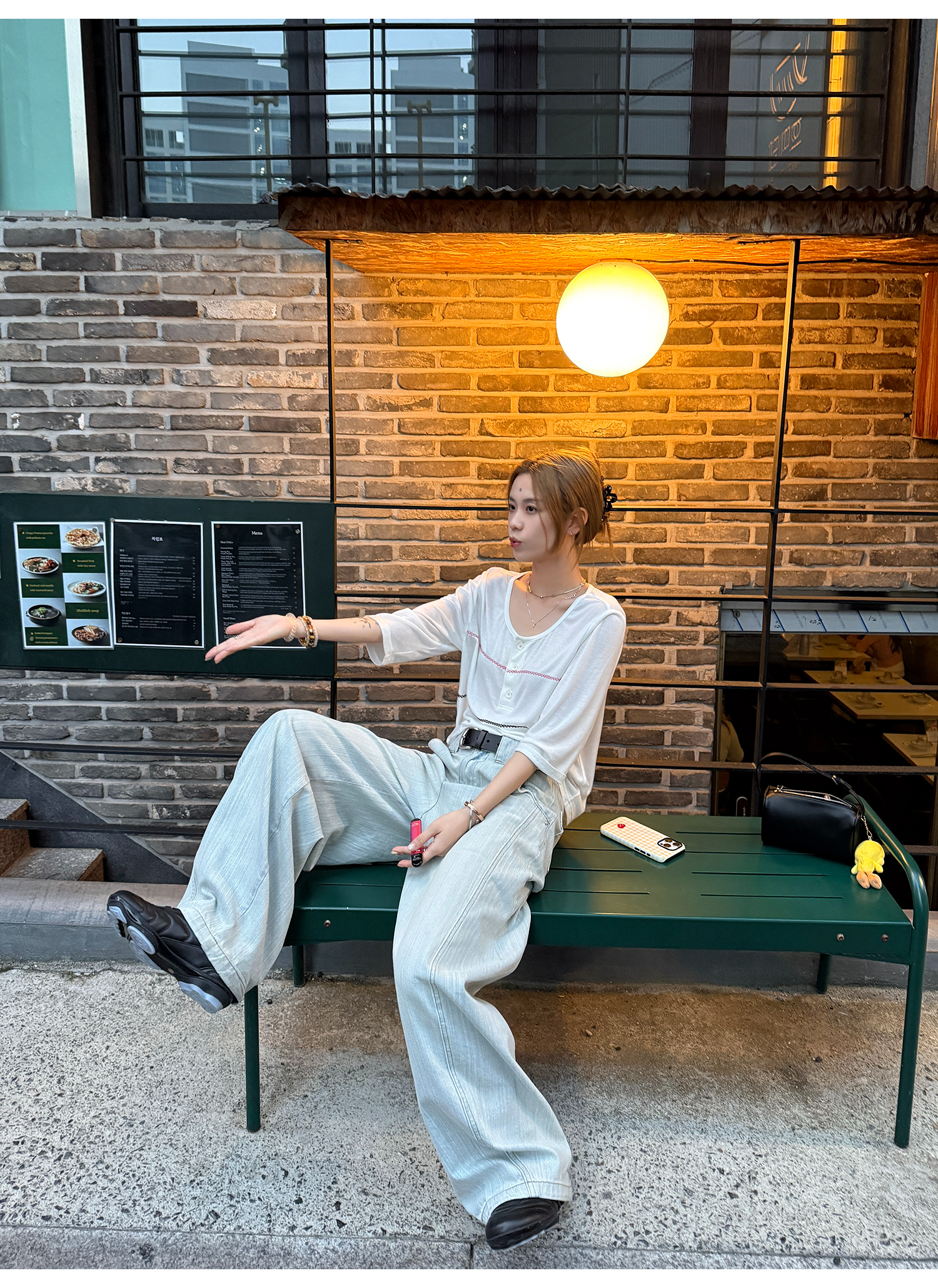 LelyMooch シアー素材×配色ステッチ ヘンリーネック七分袖  LEM178