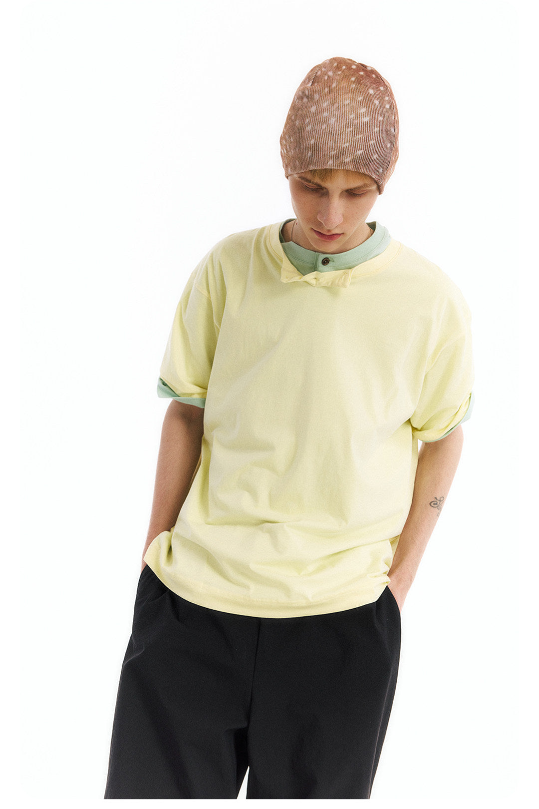 ヘンリーネック 半袖Tシャツ隠しポケット付き  LOM065