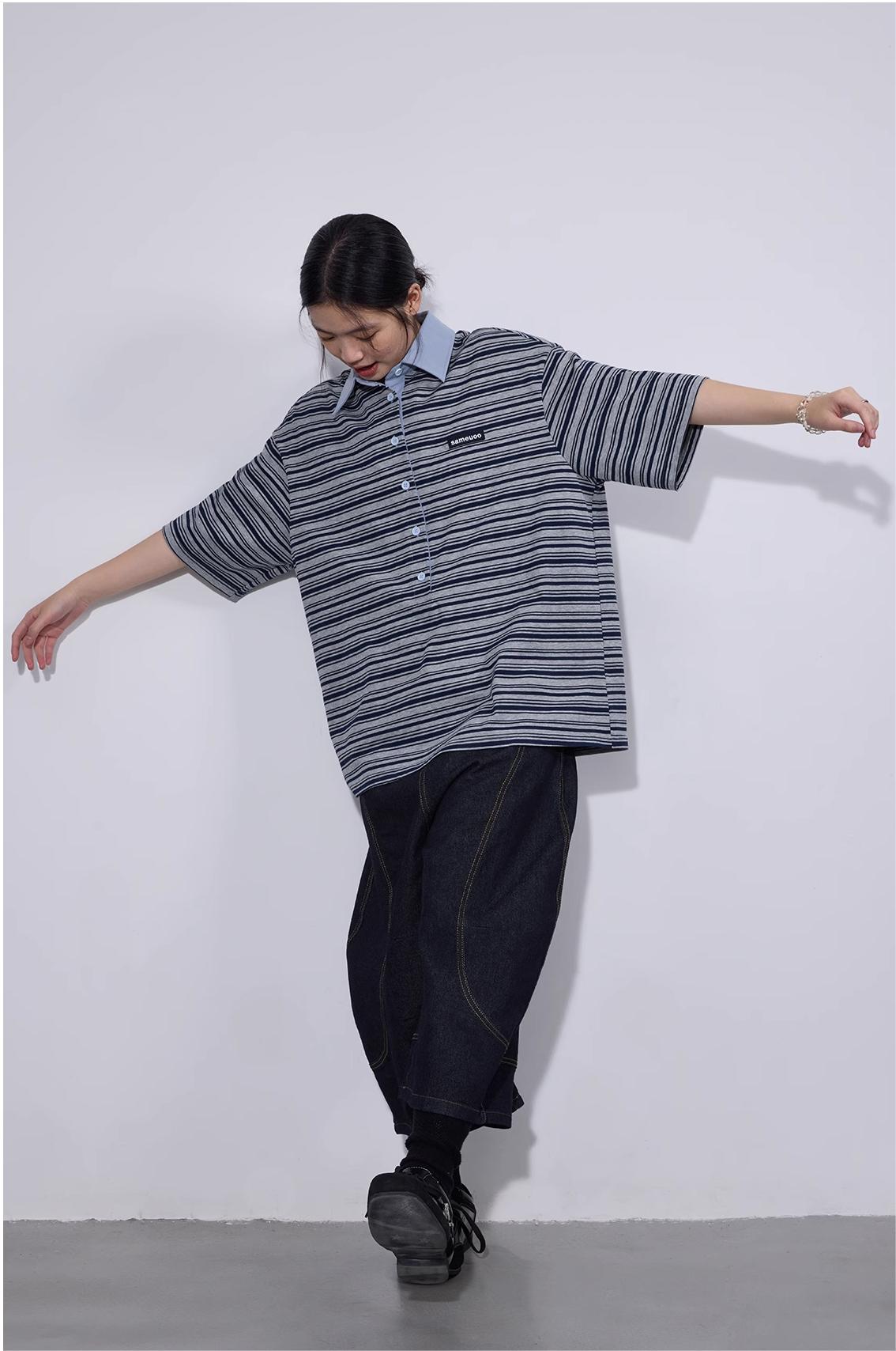 LoomL  ポロカラー ストライプ半袖Tシャツ  LOM016