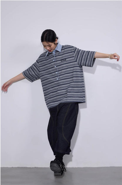 LoomL  ポロカラー ストライプ半袖Tシャツ  LOM016