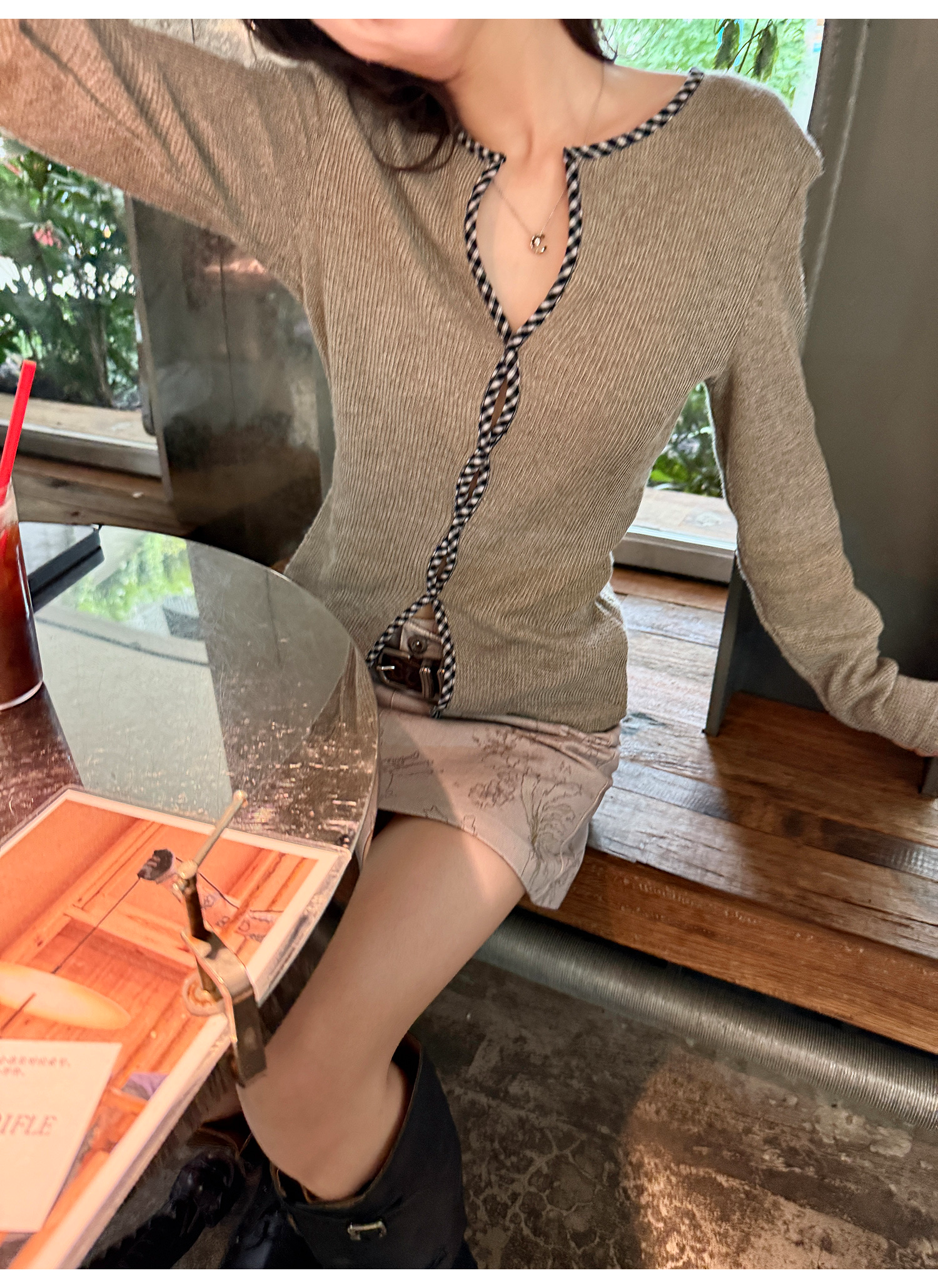 LelyMooch チェック柄ウエスト細見えニットトップス  LEM216