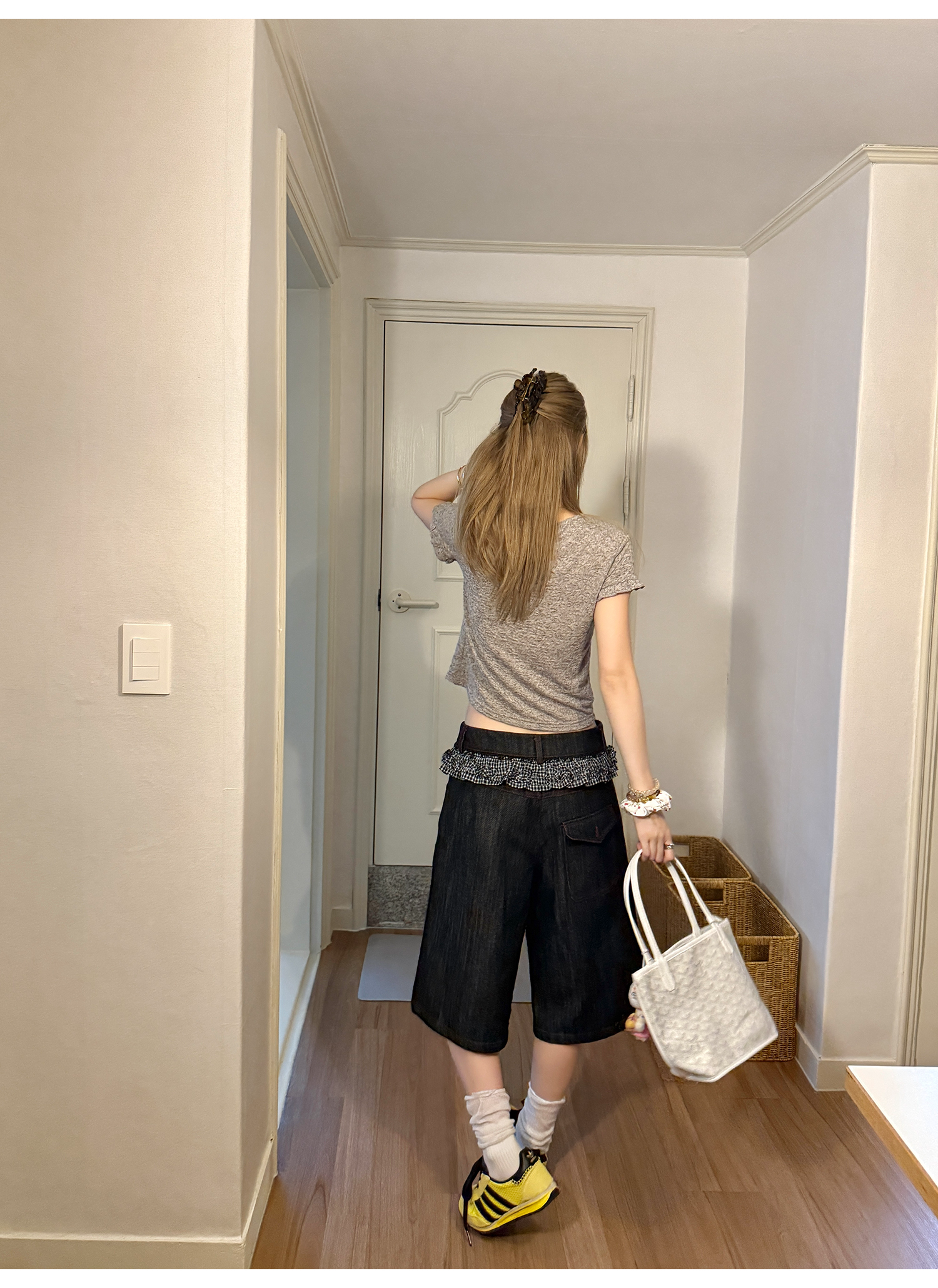 LelyMooch 赤ステッチ×ギンガムデニムハーフパンツ   LEM201