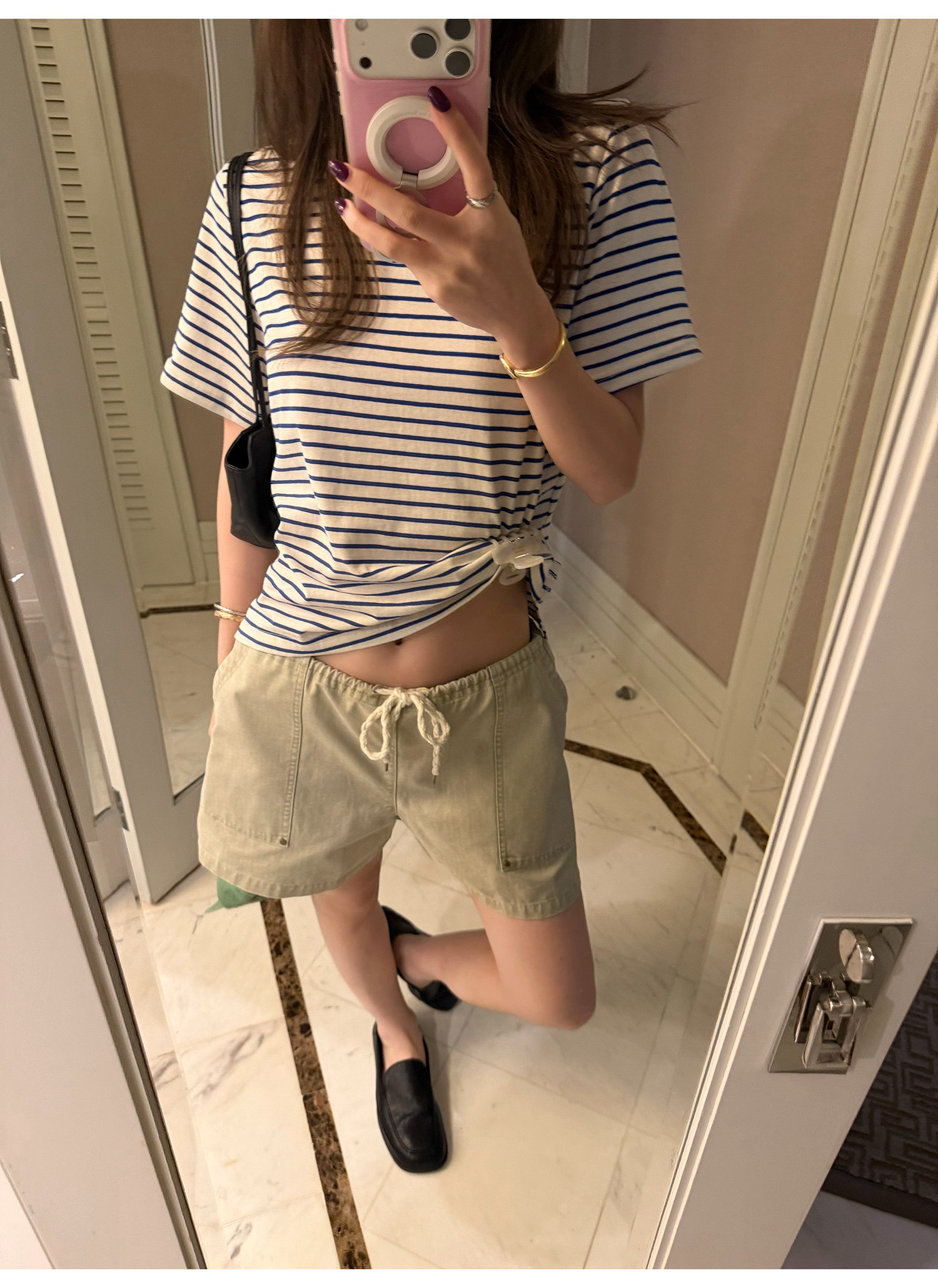 LelyMooch 細ボーダー 配色リブTシャツ  LEM380