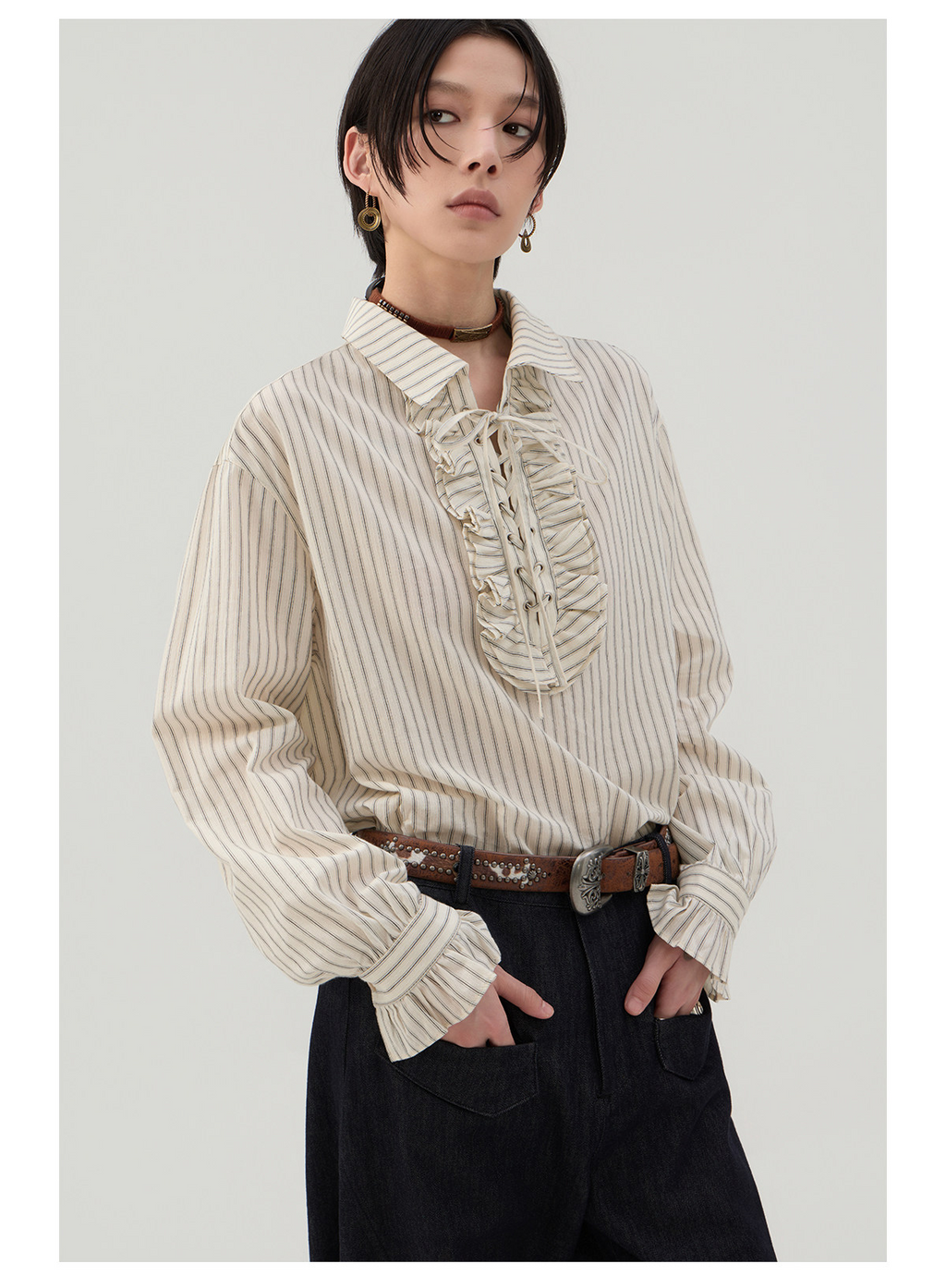 前結びデザイン 縦縞ブラウス  LOM042