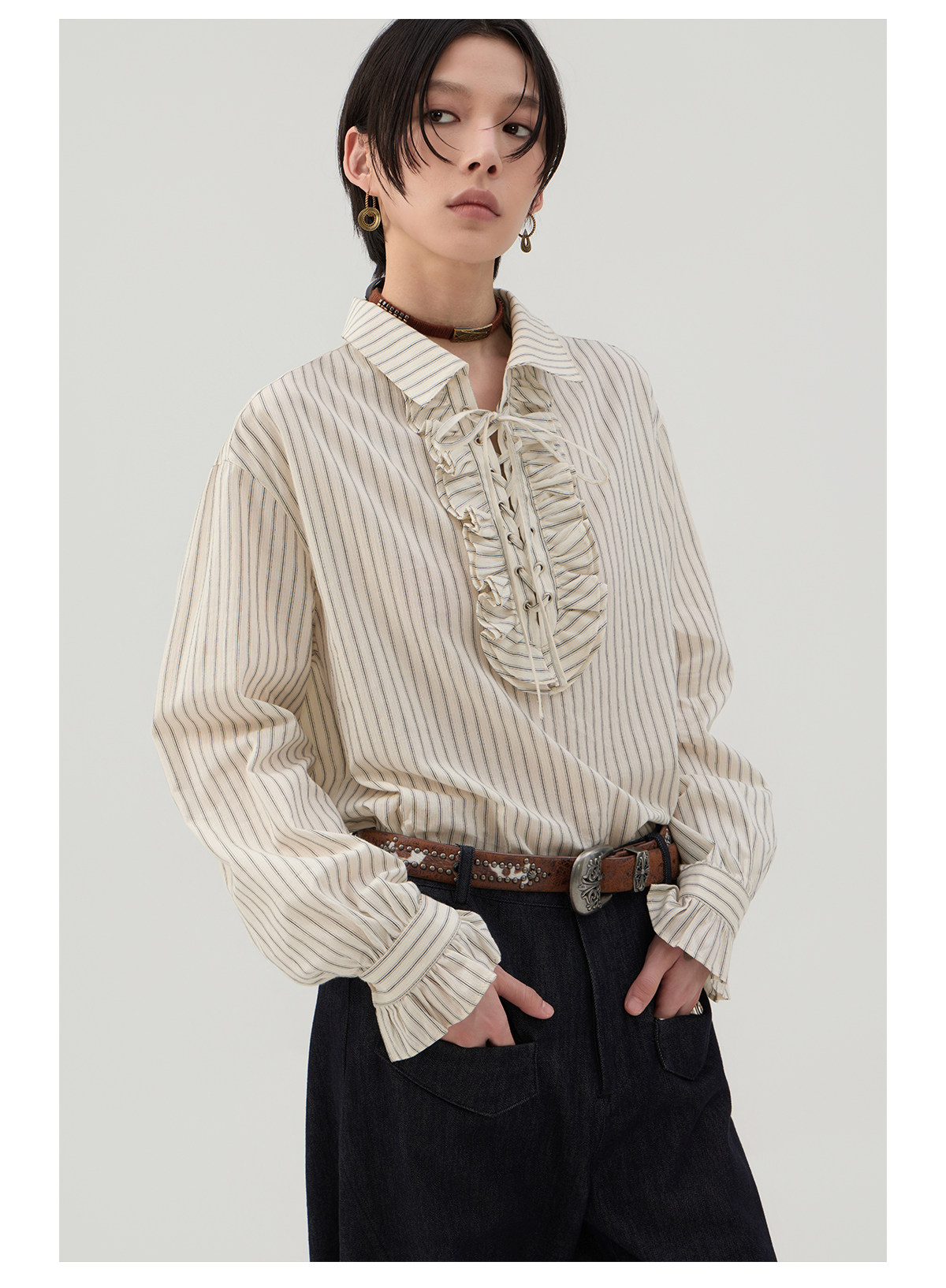 前結びデザイン 縦縞ブラウス  LOM042