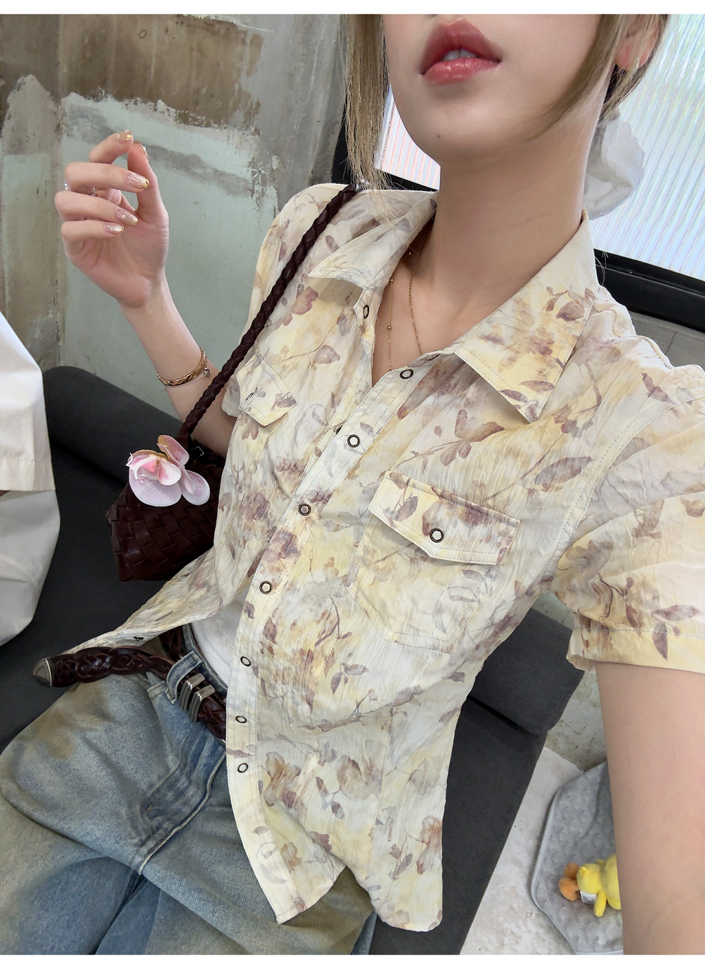 LelyMooch 花柄タイダイ風シワ加工ショートシャツ  LEM139