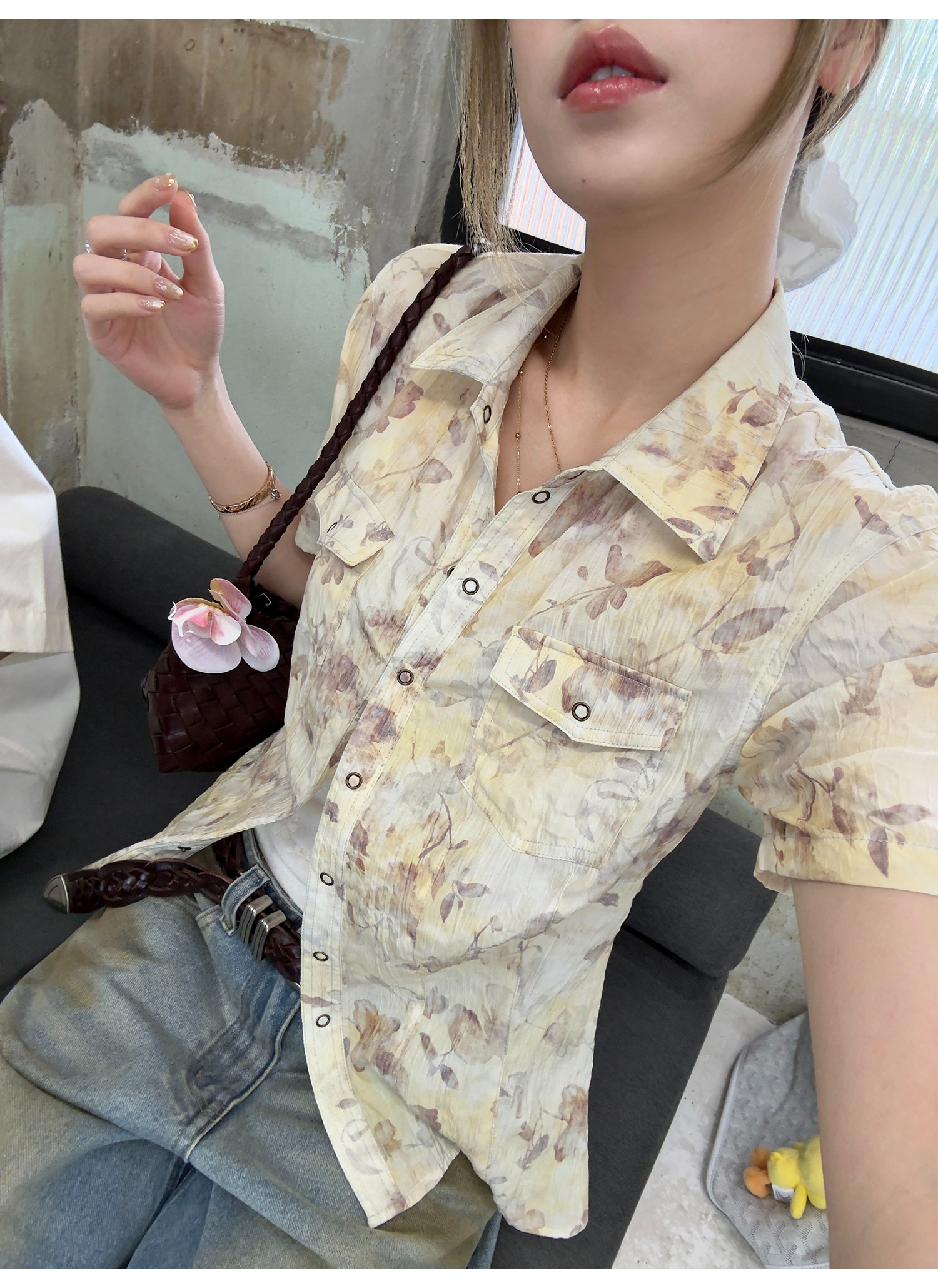 LelyMooch 花柄タイダイ風シワ加工ショートシャツ  LEM139